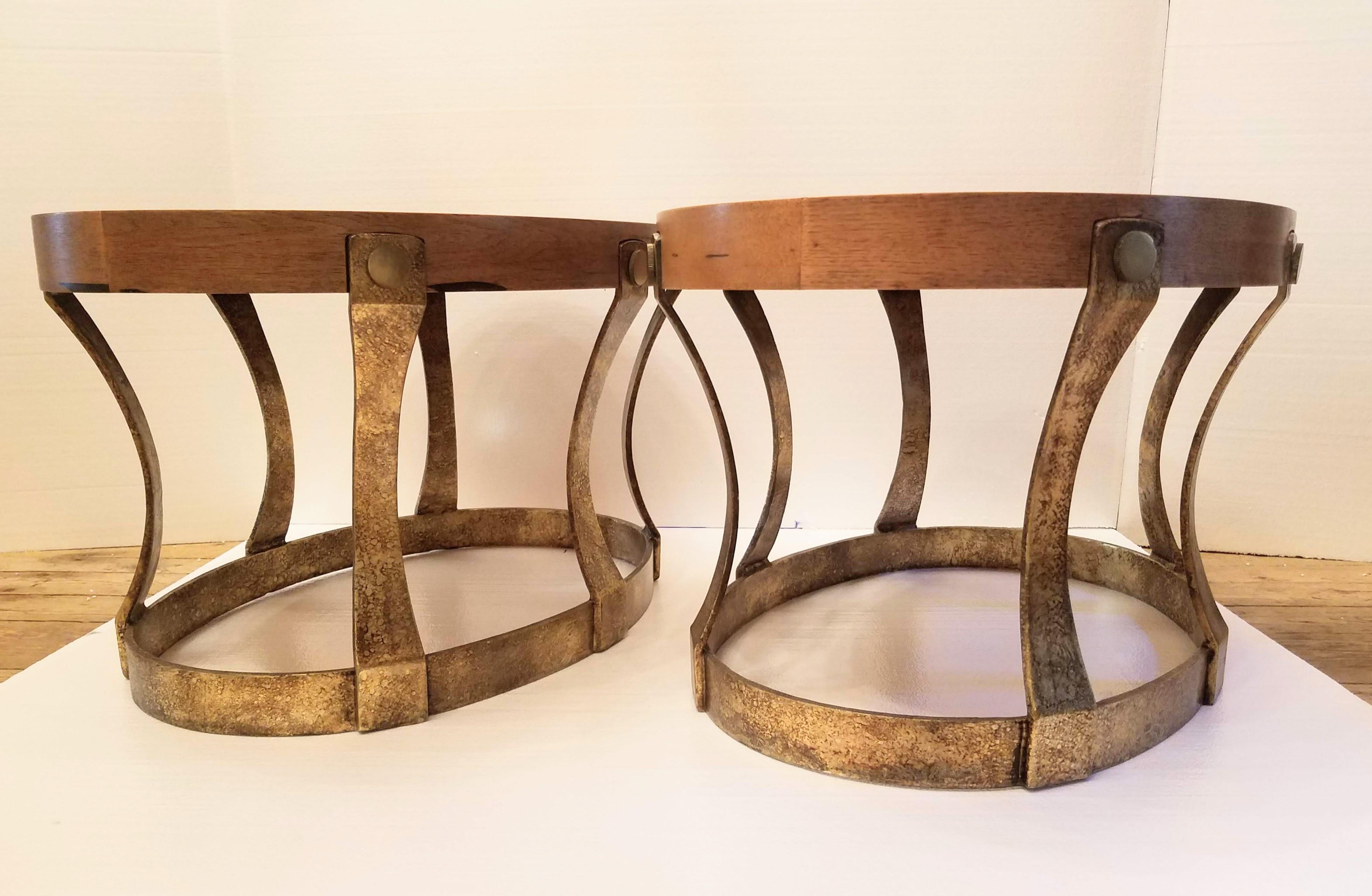Pair of 1960s Heritage Oval Side Tables w/ Pecky Walnut Tops and Gilt Iron Bases For Sale 4