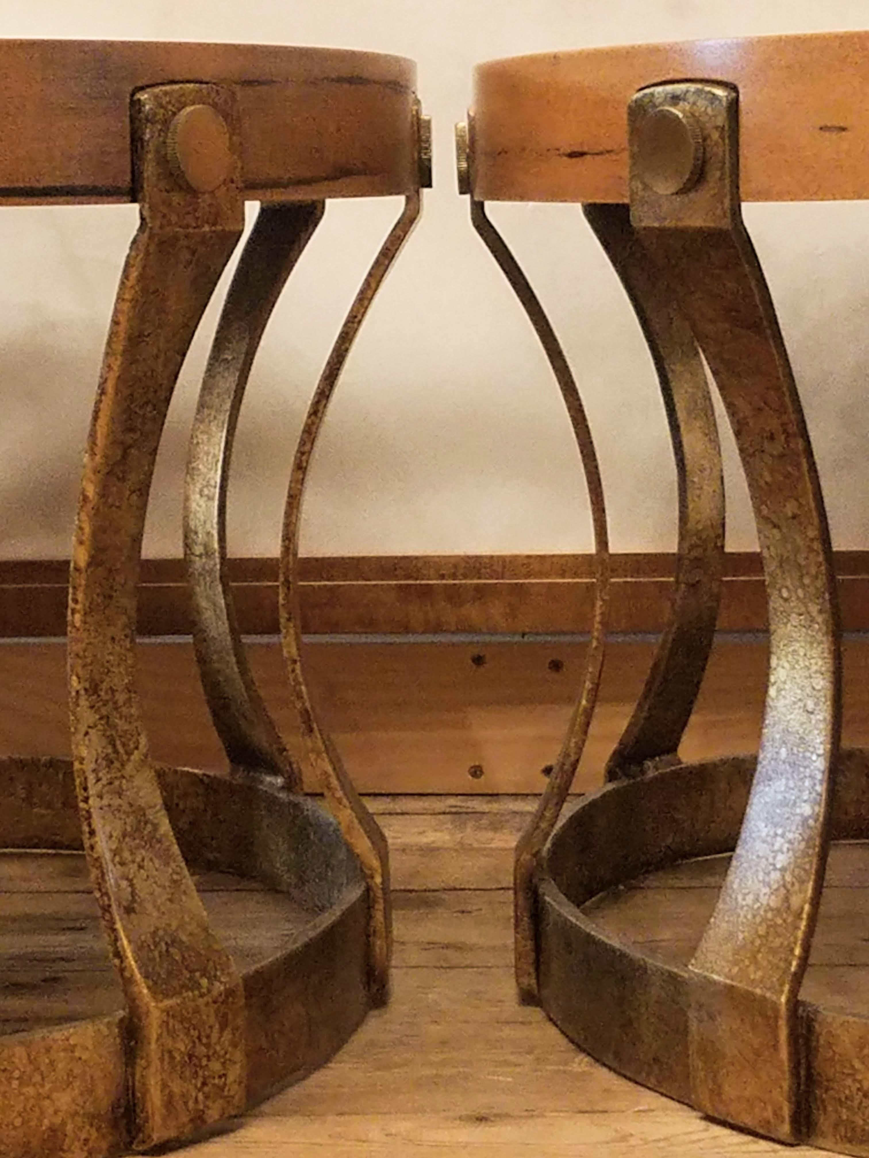 Pair of 1960s Heritage Oval Side Tables w/ Pecky Walnut Tops and Gilt Iron Bases For Sale 5