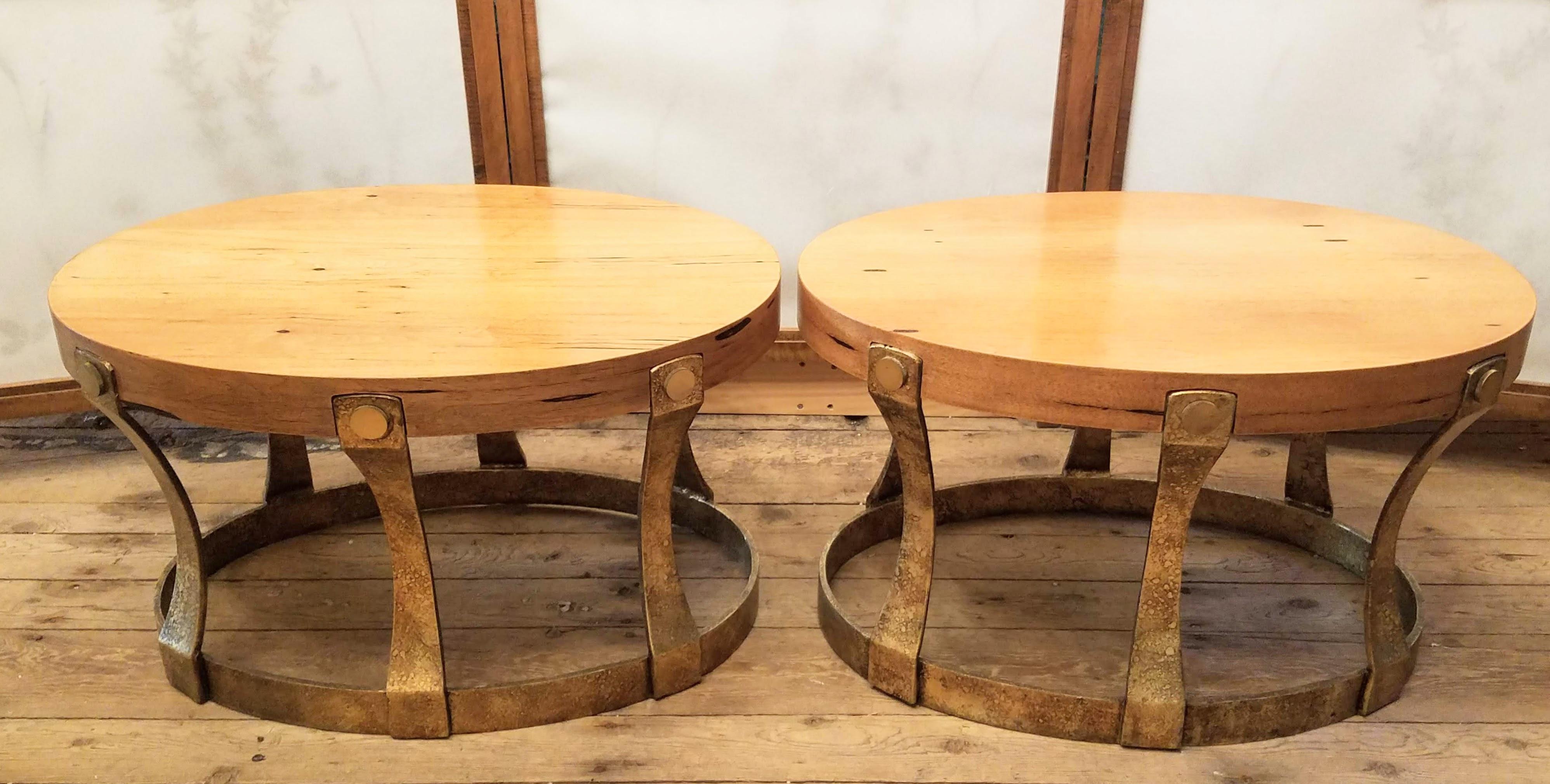 Pair of 1960s Heritage Oval Side Tables w/ Pecky Walnut Tops and Gilt Iron Bases For Sale 6