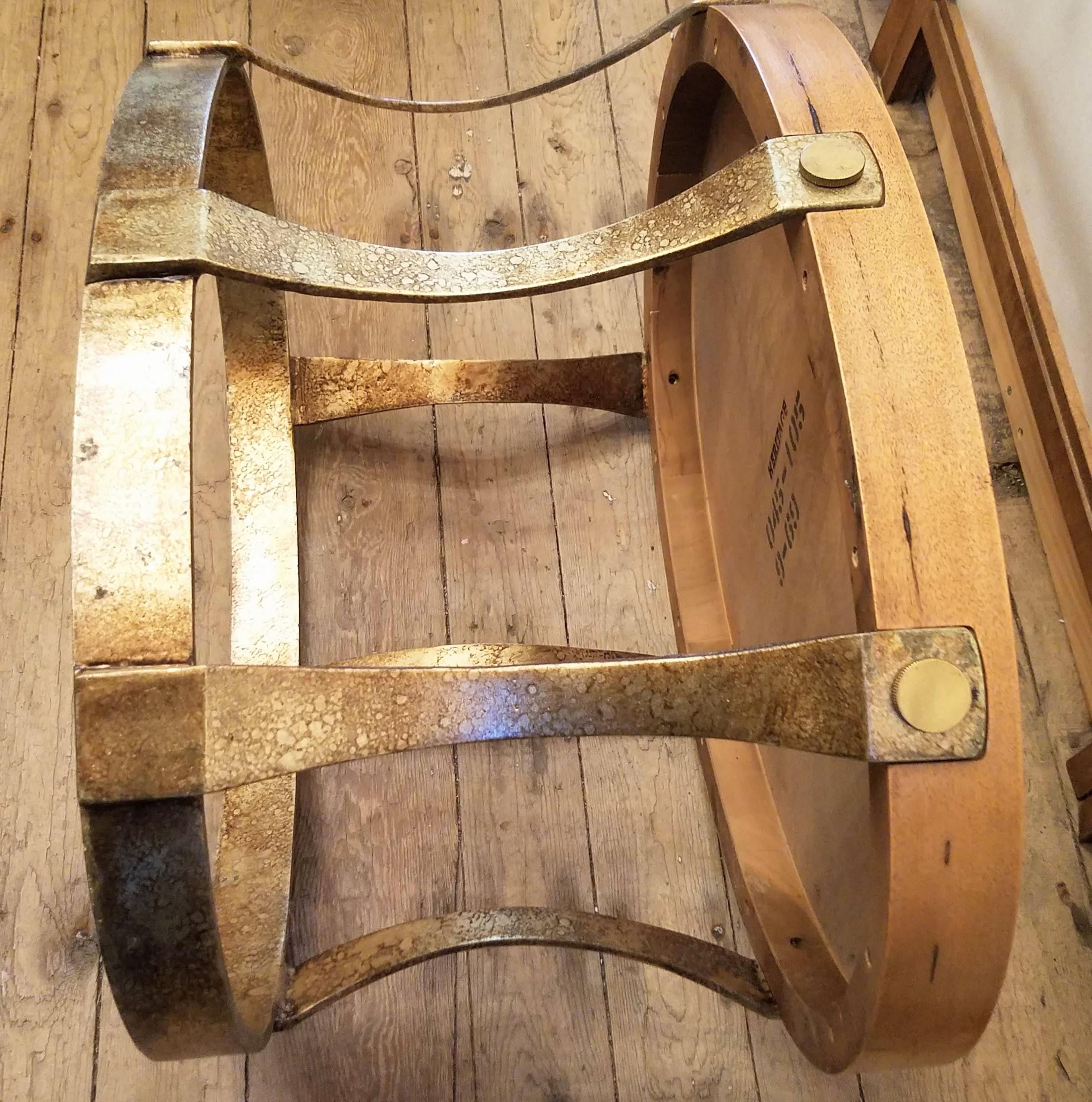 Pair of 1960s Heritage Oval Side Tables w/ Pecky Walnut Tops and Gilt Iron Bases For Sale 8