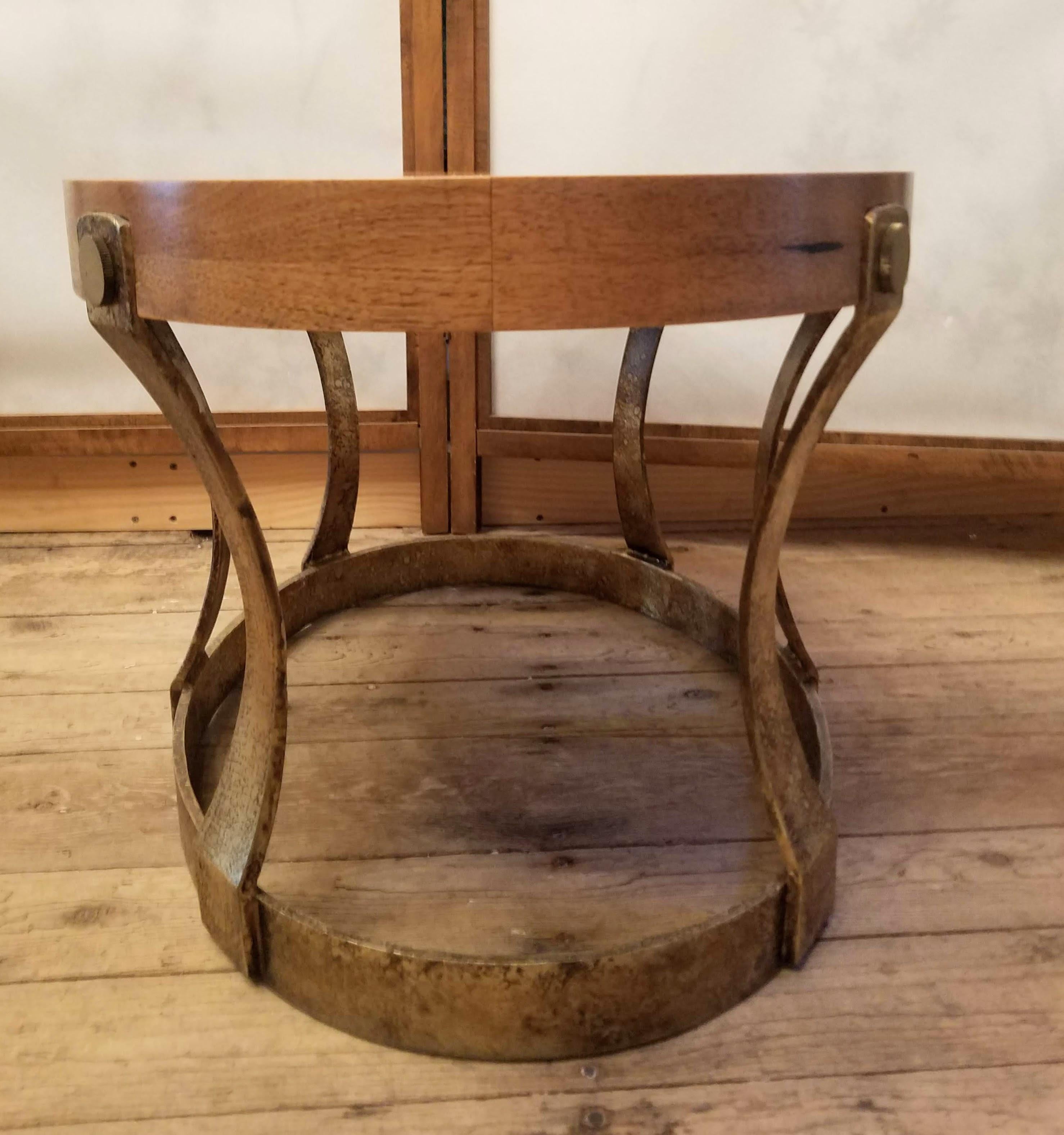 Pair of 1960s Heritage Oval Side Tables w/ Pecky Walnut Tops and Gilt Iron Bases For Sale 9