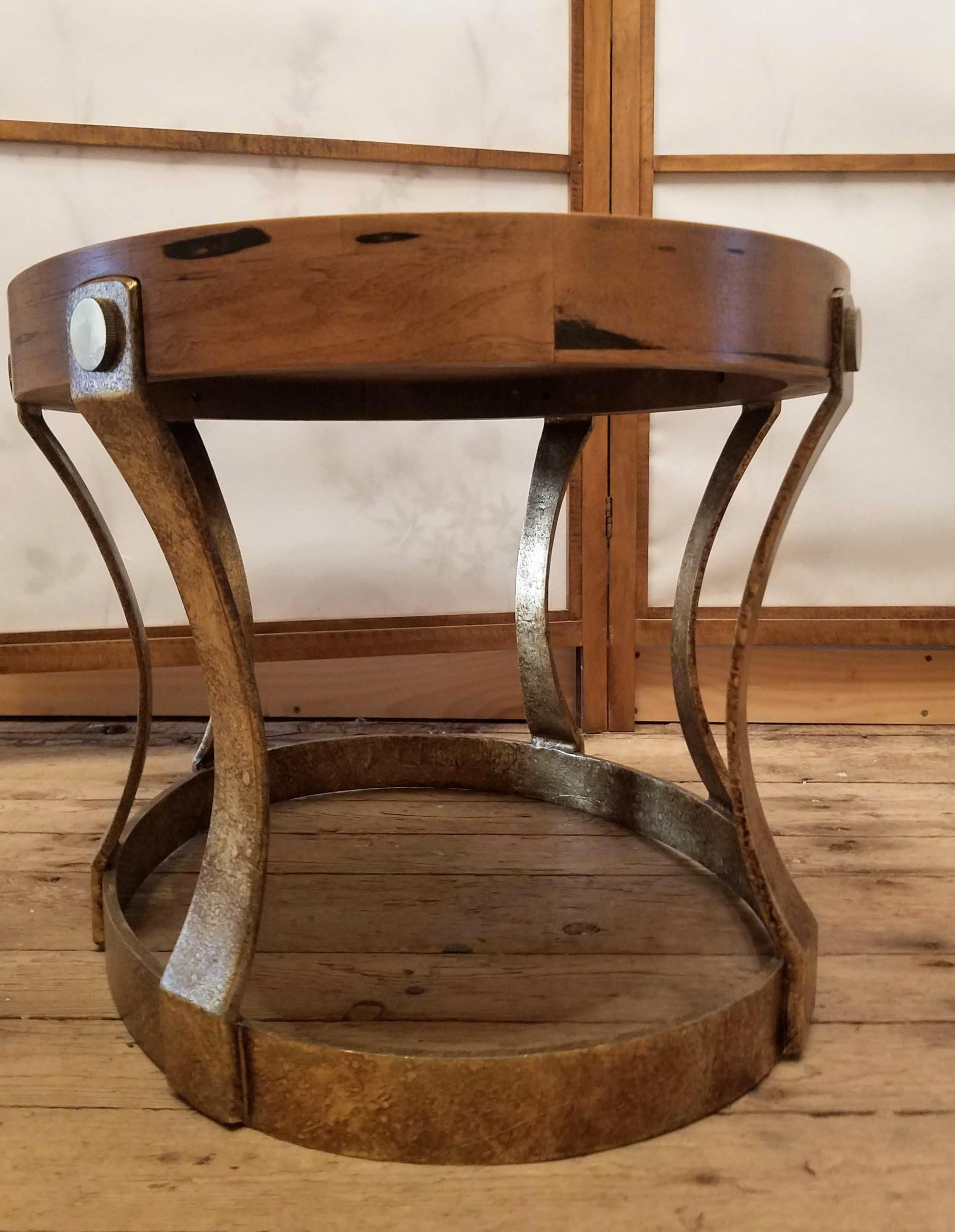 Pair of 1960s Heritage Oval Side Tables w/ Pecky Walnut Tops and Gilt Iron Bases For Sale 10