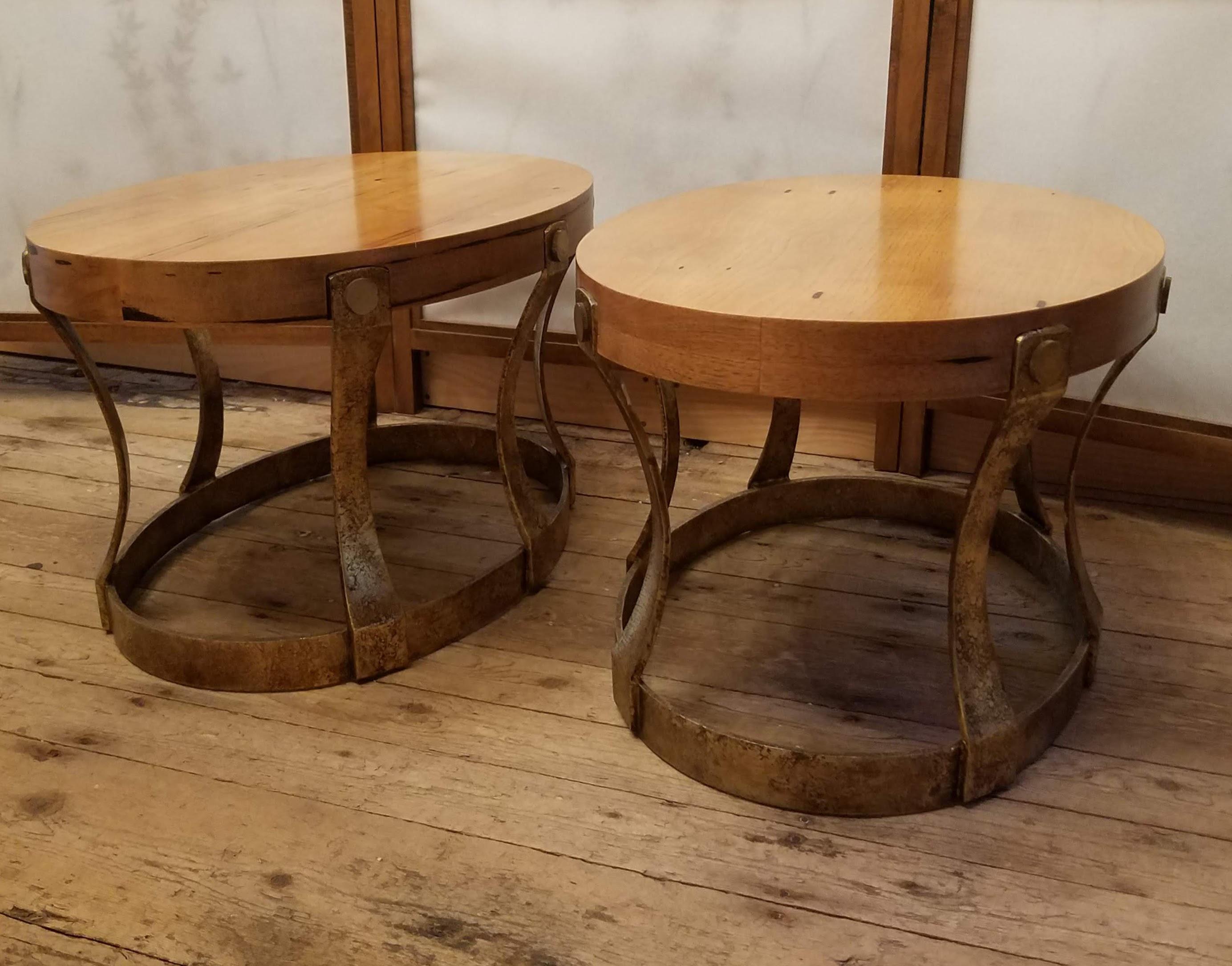Pair of 1960s Heritage Oval Side Tables w/ Pecky Walnut Tops and Gilt Iron Bases For Sale 11