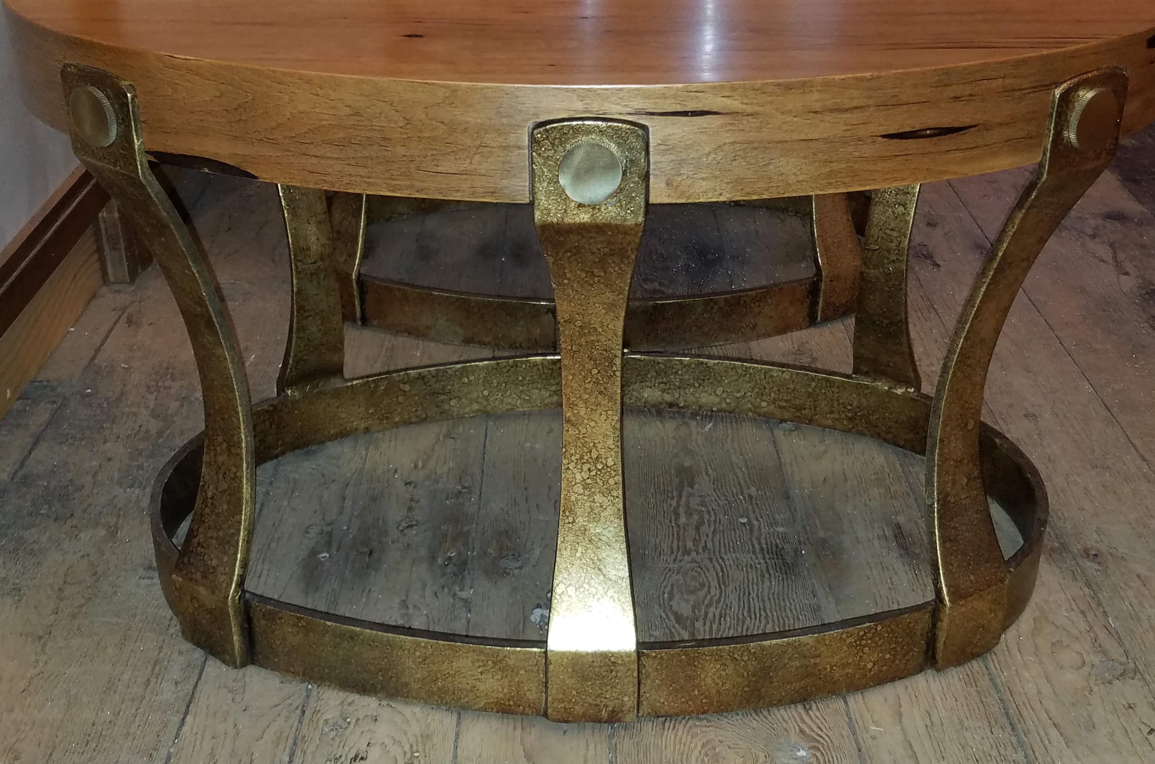 Pair of 1960s Heritage Oval Side Tables w/ Pecky Walnut Tops and Gilt Iron Bases For Sale 12