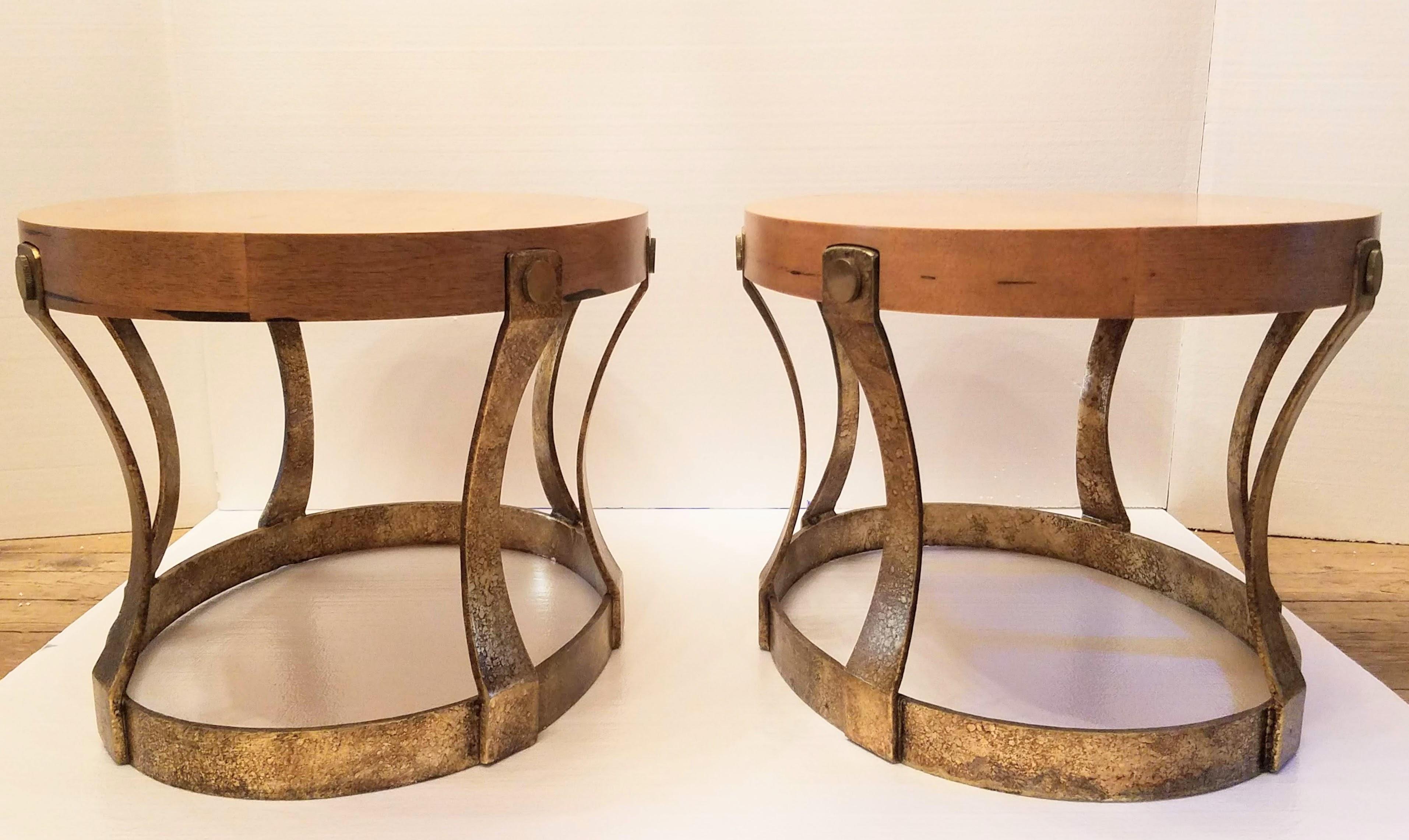 American Pair of 1960s Heritage Oval Side Tables w/ Pecky Walnut Tops and Gilt Iron Bases For Sale