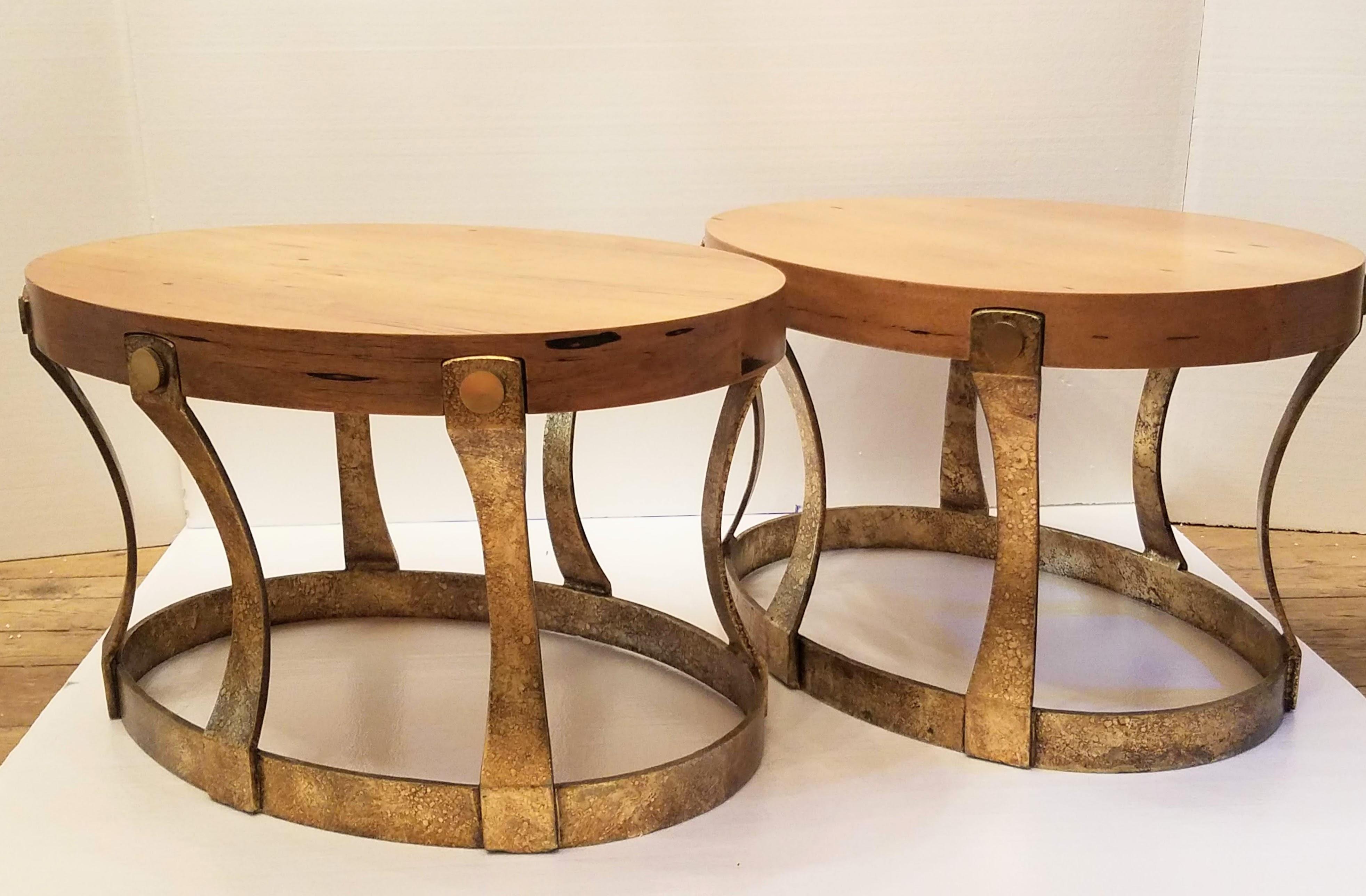 Pair of 1960s Heritage Oval Side Tables w/ Pecky Walnut Tops and Gilt Iron Bases In Good Condition For Sale In Camden, ME