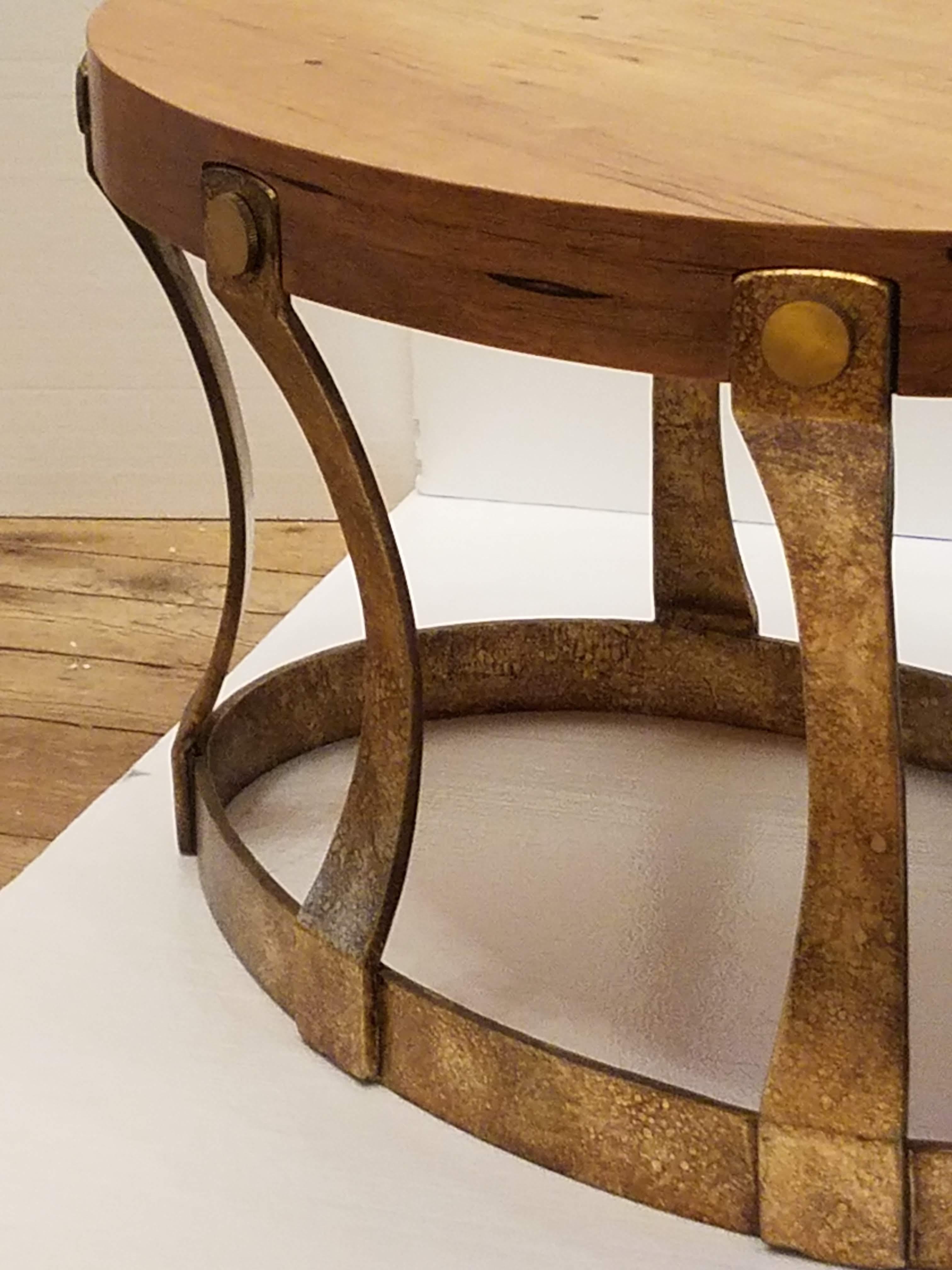 20th Century Pair of 1960s Heritage Oval Side Tables w/ Pecky Walnut Tops and Gilt Iron Bases For Sale