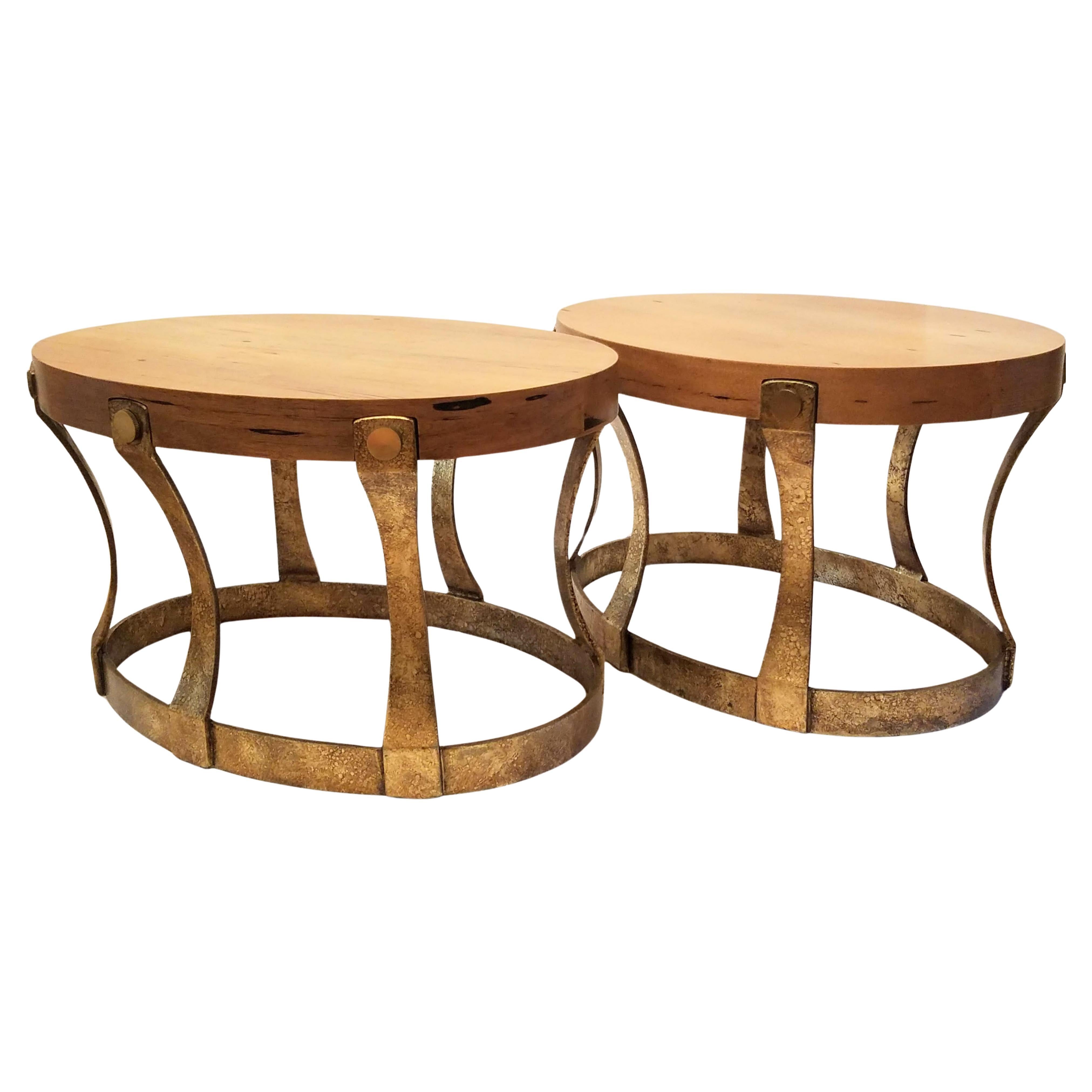 Pair of 1960s Heritage Oval Side Tables w/ Pecky Walnut Tops and Gilt Iron Bases