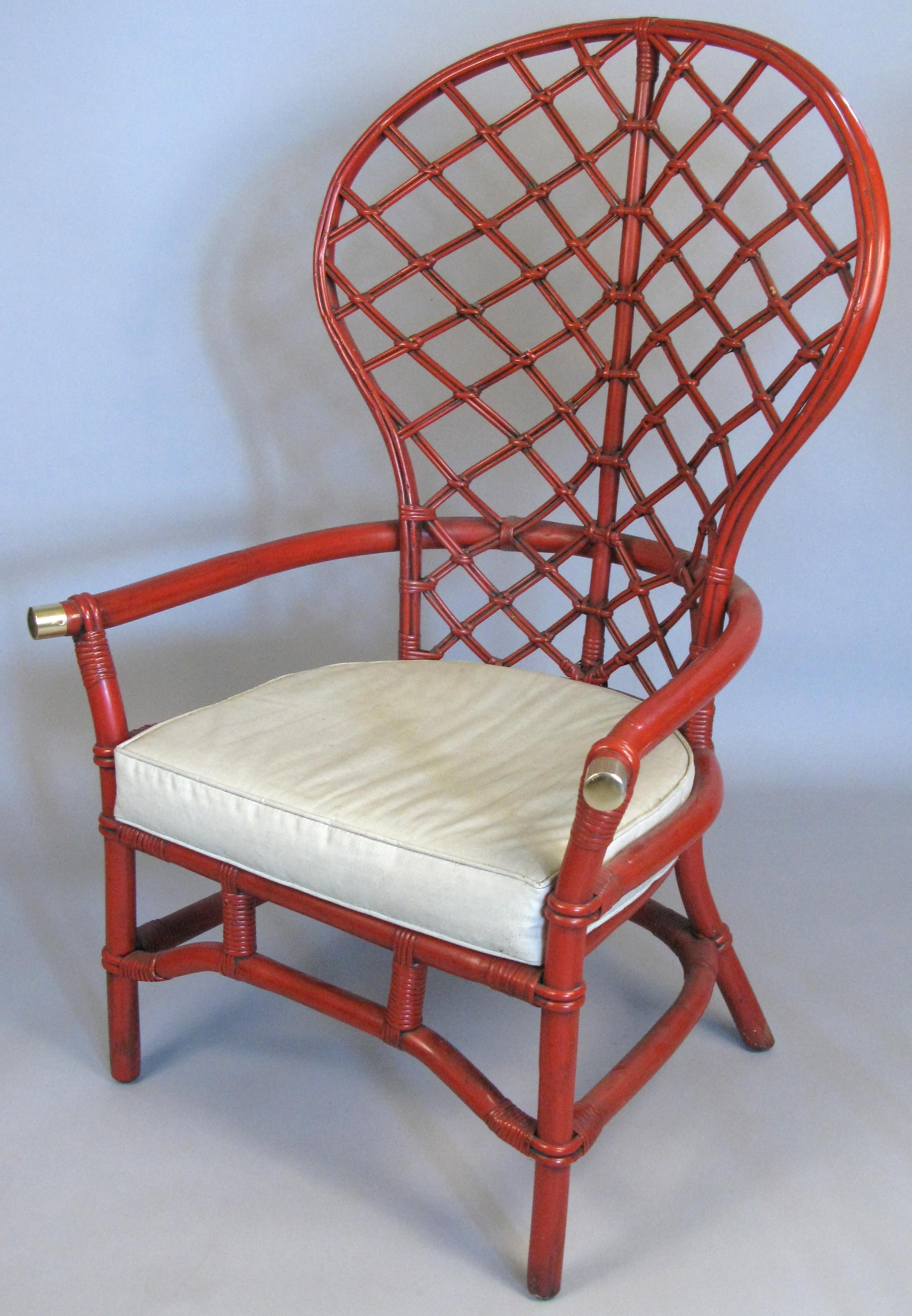 American Pair of 1960s High Back Lattice Rattan Lounge Chairs