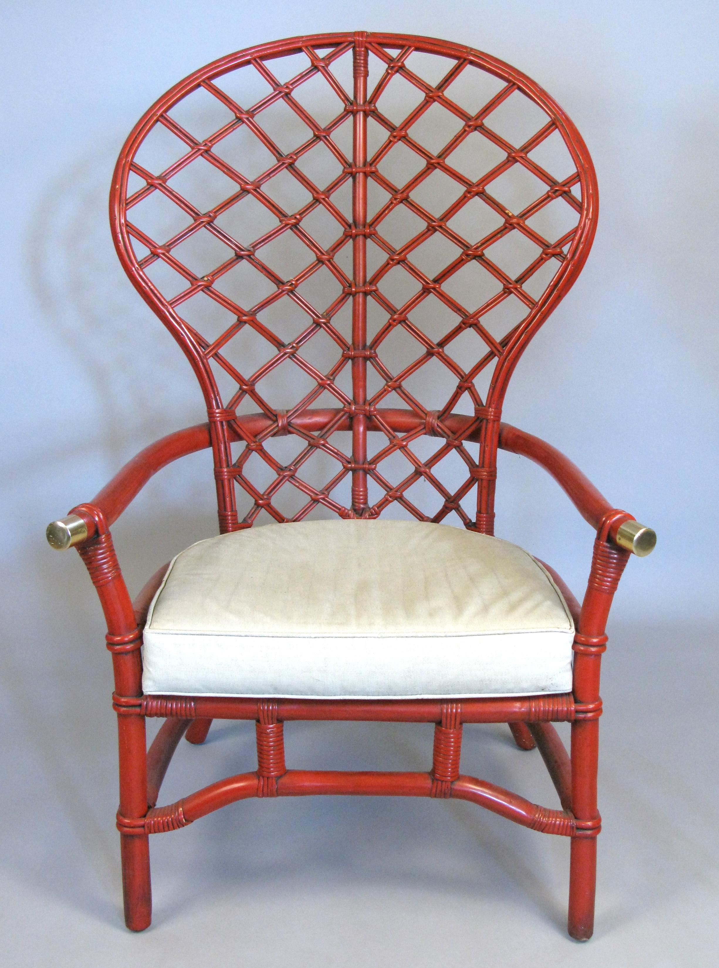 Pair of 1960s High Back Lattice Rattan Lounge Chairs In Good Condition In Hudson, NY