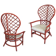 Pair of 1960s High Back Lattice Rattan Lounge Chairs