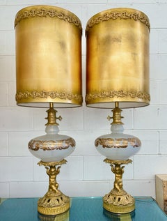 Pair of 1960's Hollywood Regency Art Glass and Gilt Metal Lamps