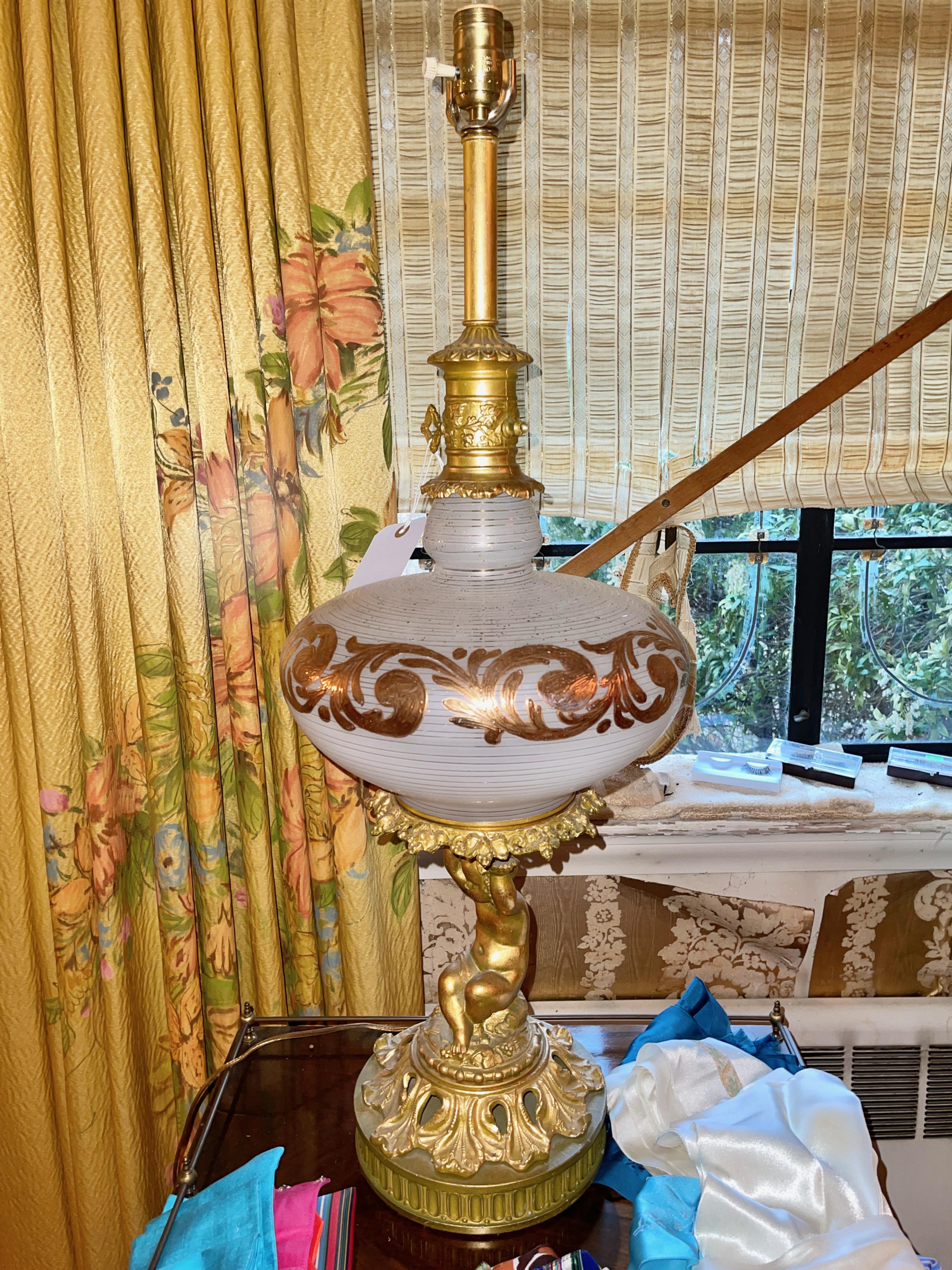 Pair of 1960's Hollywood Regency Art Glass and Gilt Metal Lamps For Sale 11