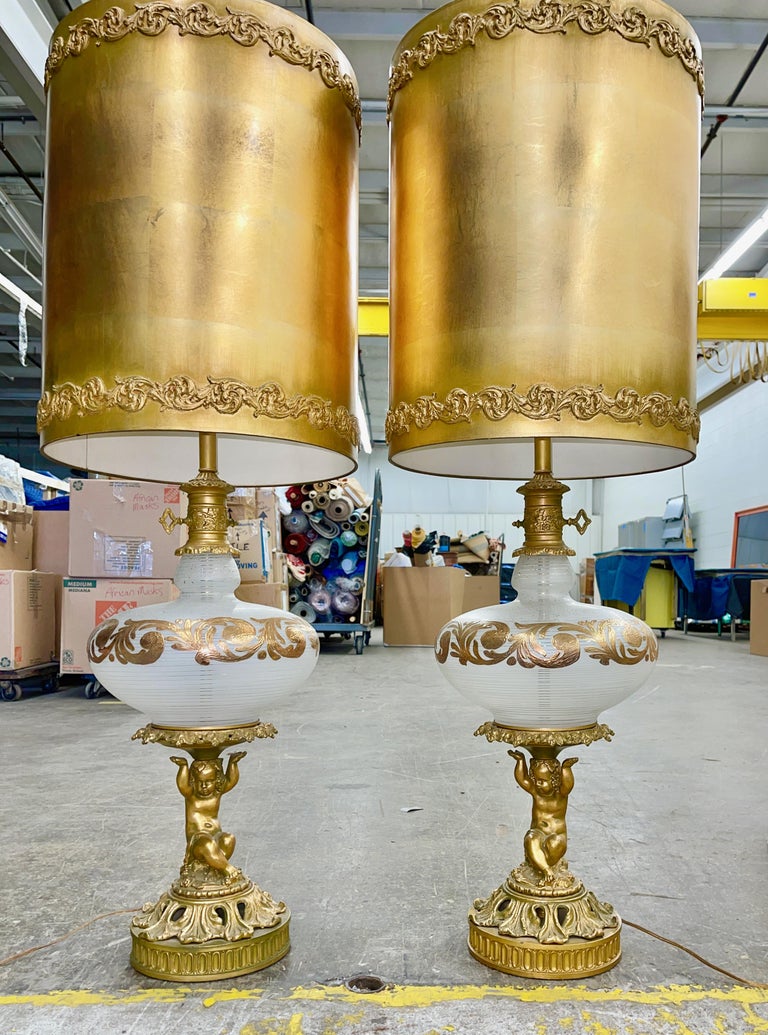 Pair of 1960's Hollywood Regency Art Glass and Gilt Metal Lamps In Good Condition For Sale In Hingham, MA