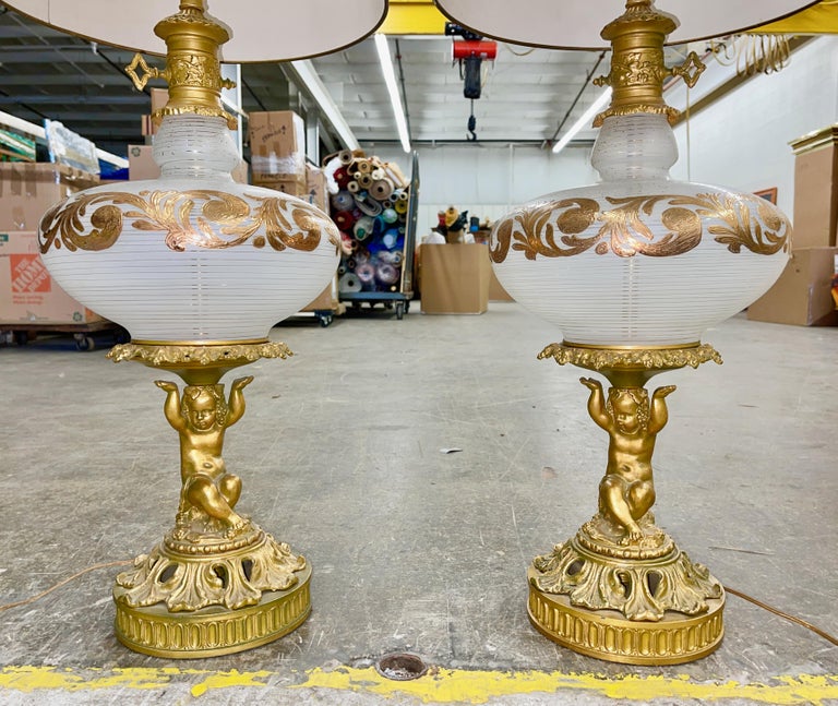 Mid-20th Century Pair of 1960's Hollywood Regency Art Glass and Gilt Metal Lamps For Sale