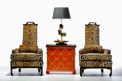 Pair of 1960s Hollywood Regency Chairs in Leopard Velvet & Black Leather Piping