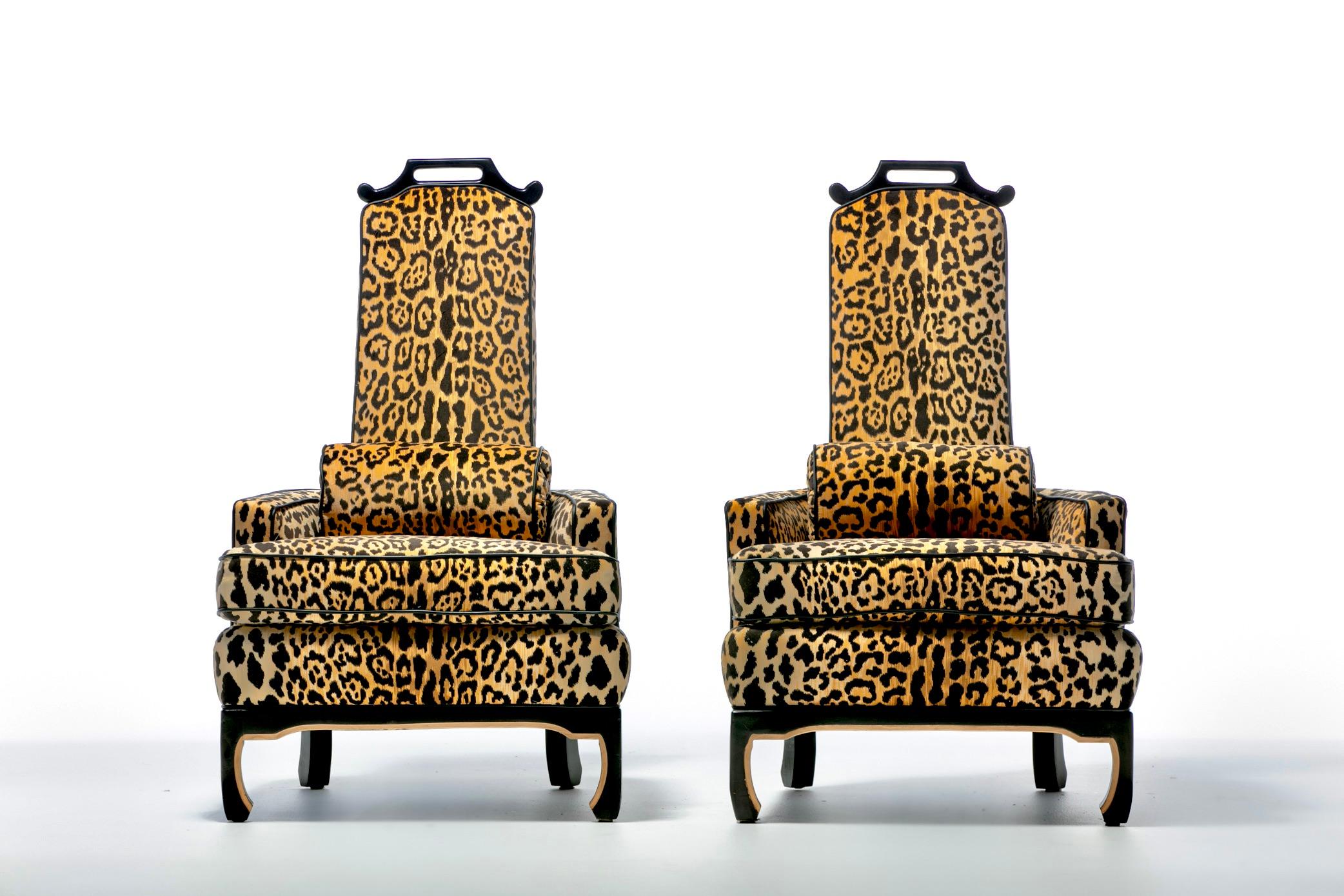 Pair of 1960s Hollywood Regency Chairs in Leopard Velvet & Black Leather Piping 15