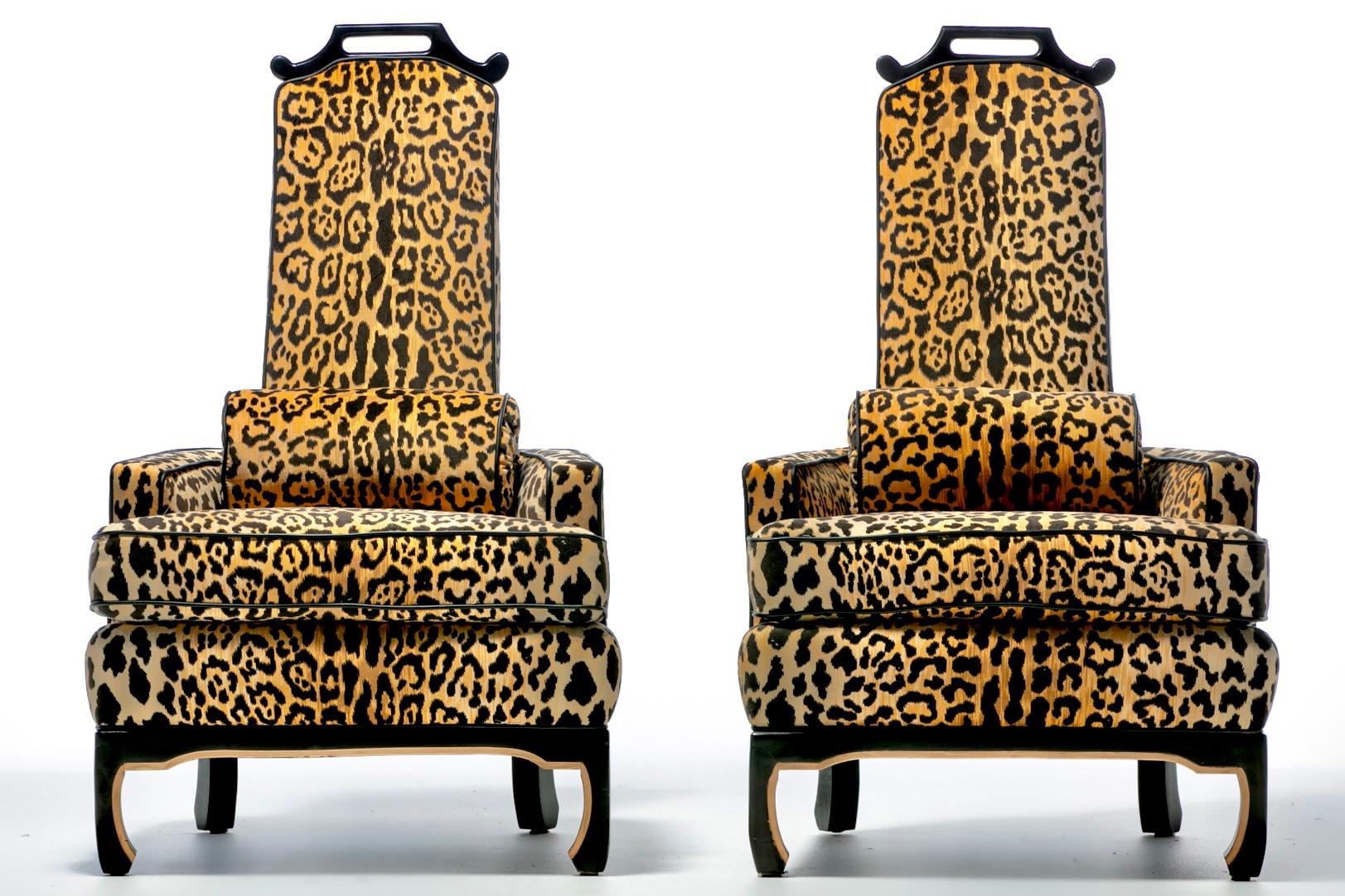 Pair of 1960s Hollywood Regency Chairs in Leopard Velvet & Black Leather Piping In Good Condition In Saint Louis, MO
