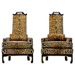 Pair of 1960s Hollywood Regency Chairs in Leopard Velvet & Black Leather Piping