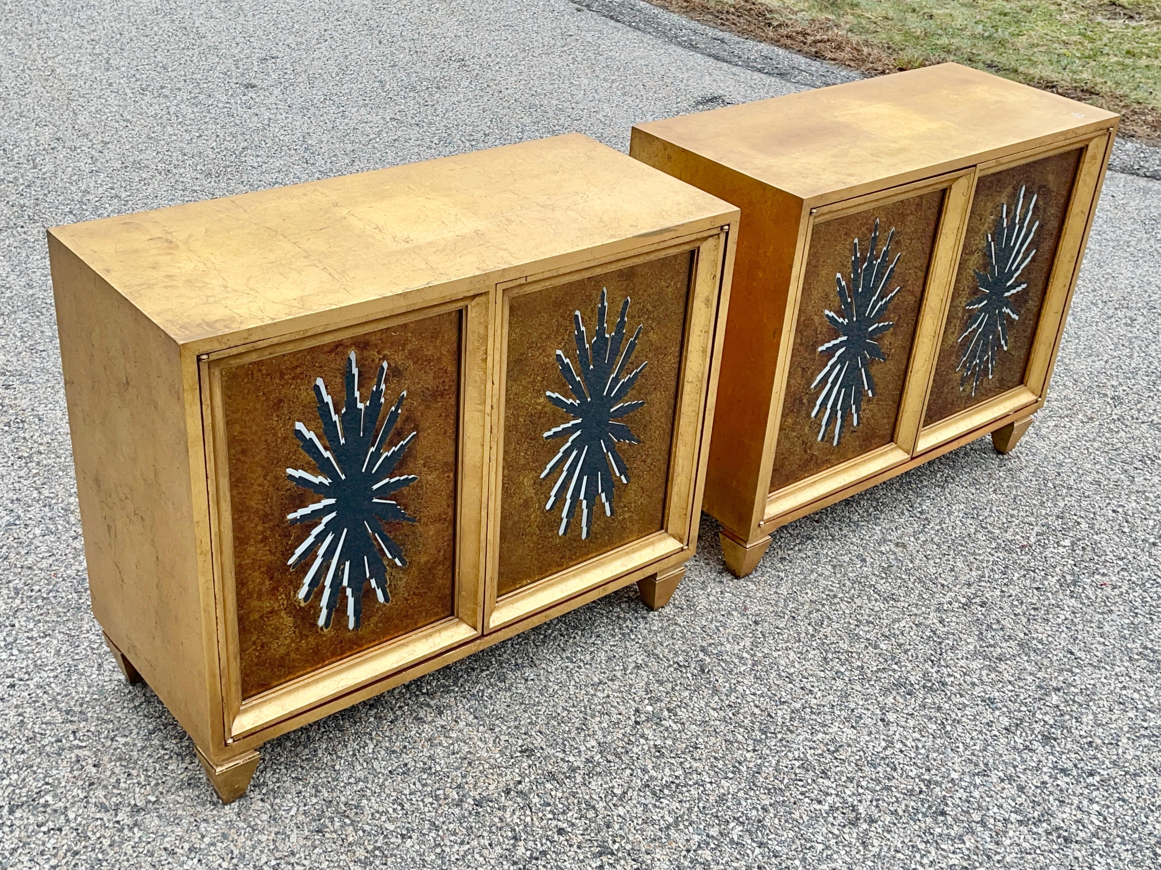 Pair of 1960's Hollywood Regency Duquette Style Gold Leaf & Eglomise Cabinets For Sale 6