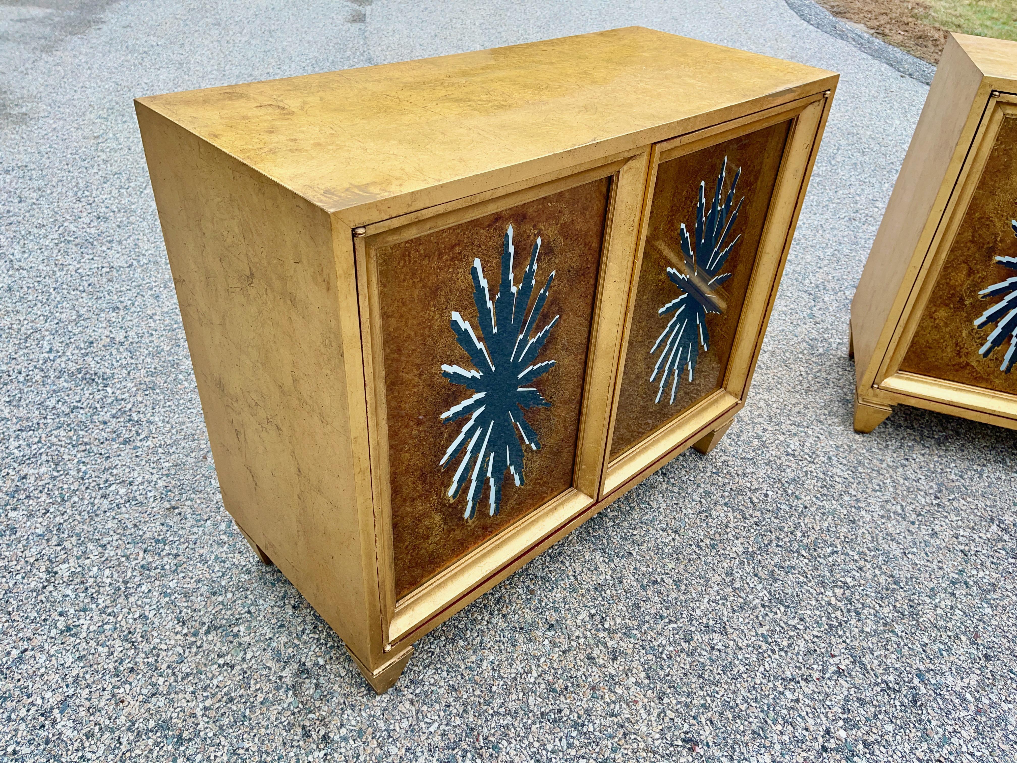 Pair of 1960's Hollywood Regency Duquette Style Gold Leaf & Eglomise Cabinets For Sale 7