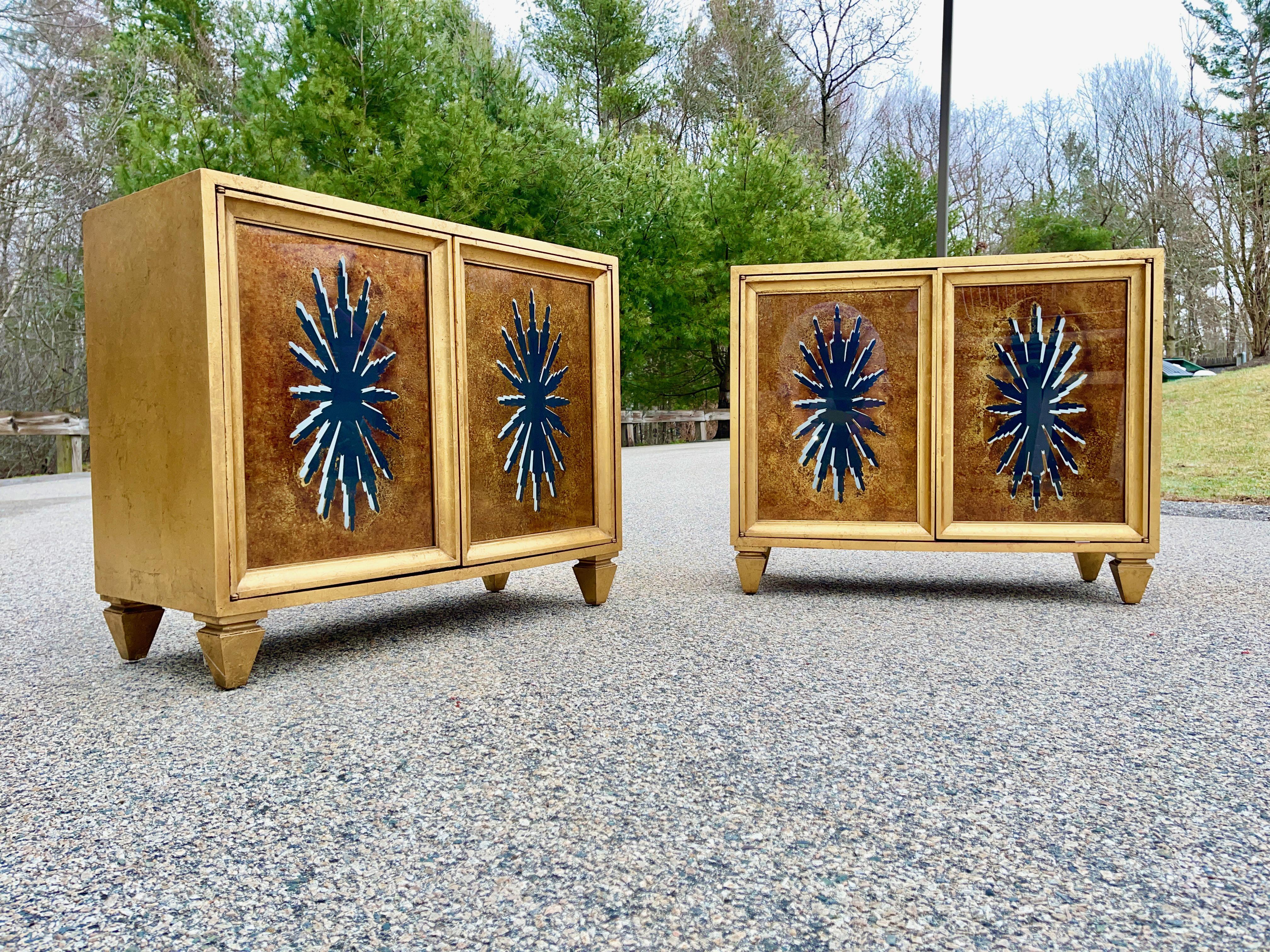 Pair of 1960's Hollywood Regency Duquette Style Gold Leaf & Eglomise Cabinets For Sale 9