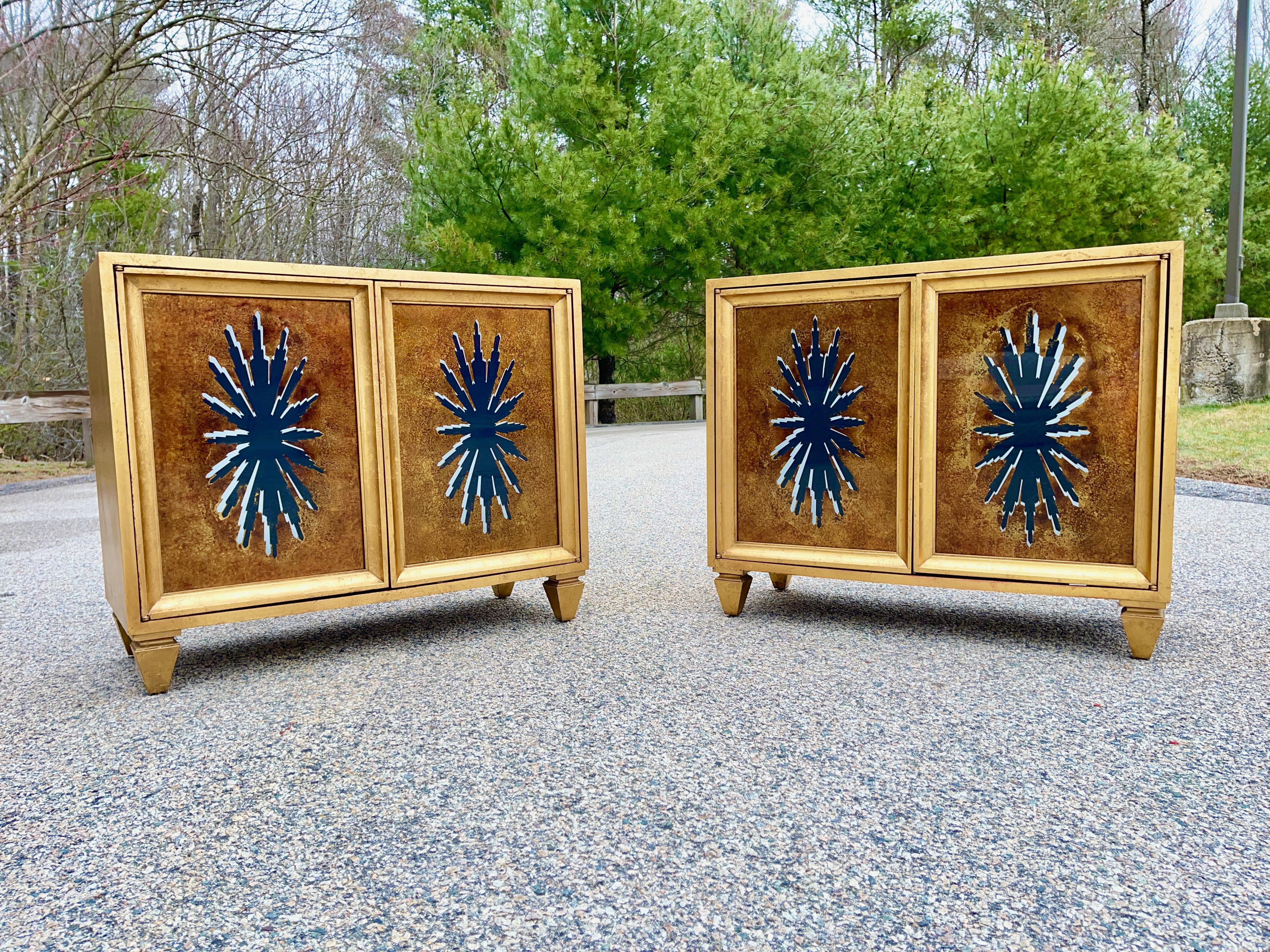 Pair of 1960's Hollywood Regency Duquette Style Gold Leaf & Eglomise Cabinets For Sale 10