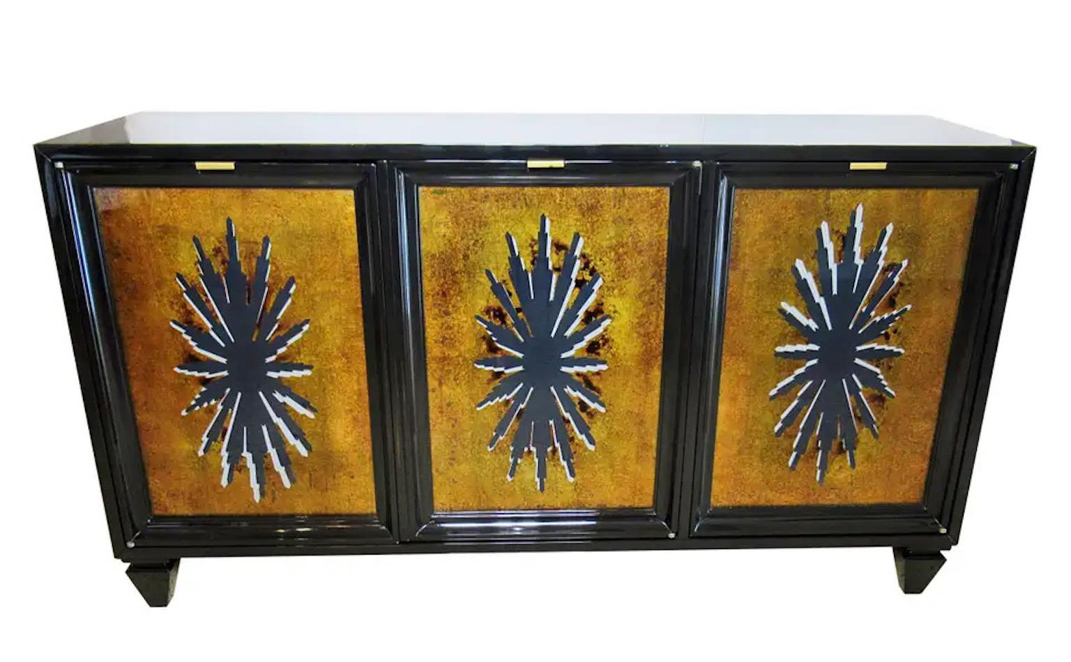 Pair of 1960's Hollywood Regency Duquette Style Gold Leaf & Eglomise Cabinets For Sale 11