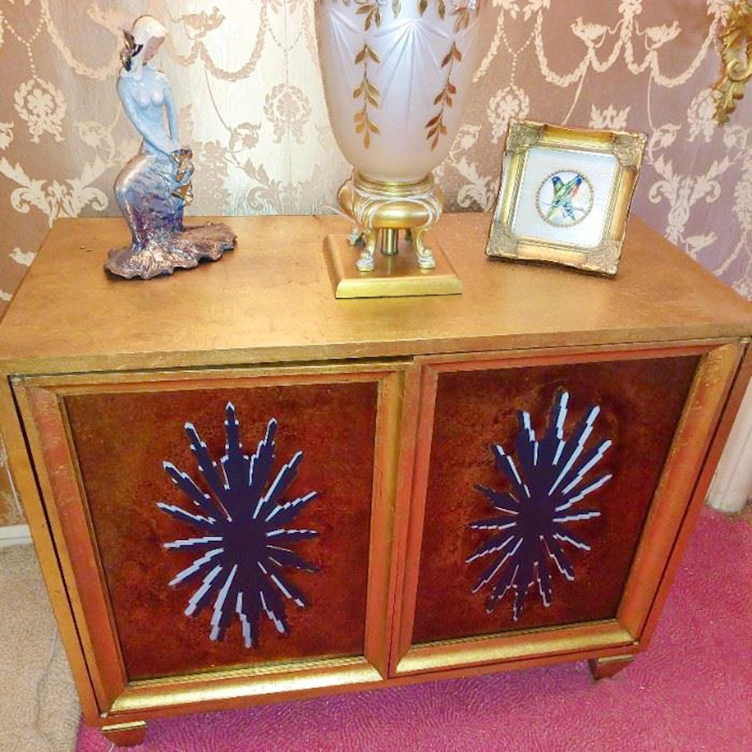 Pair of 1960's Hollywood Regency Duquette Style Gold Leaf & Eglomise Cabinets For Sale 12