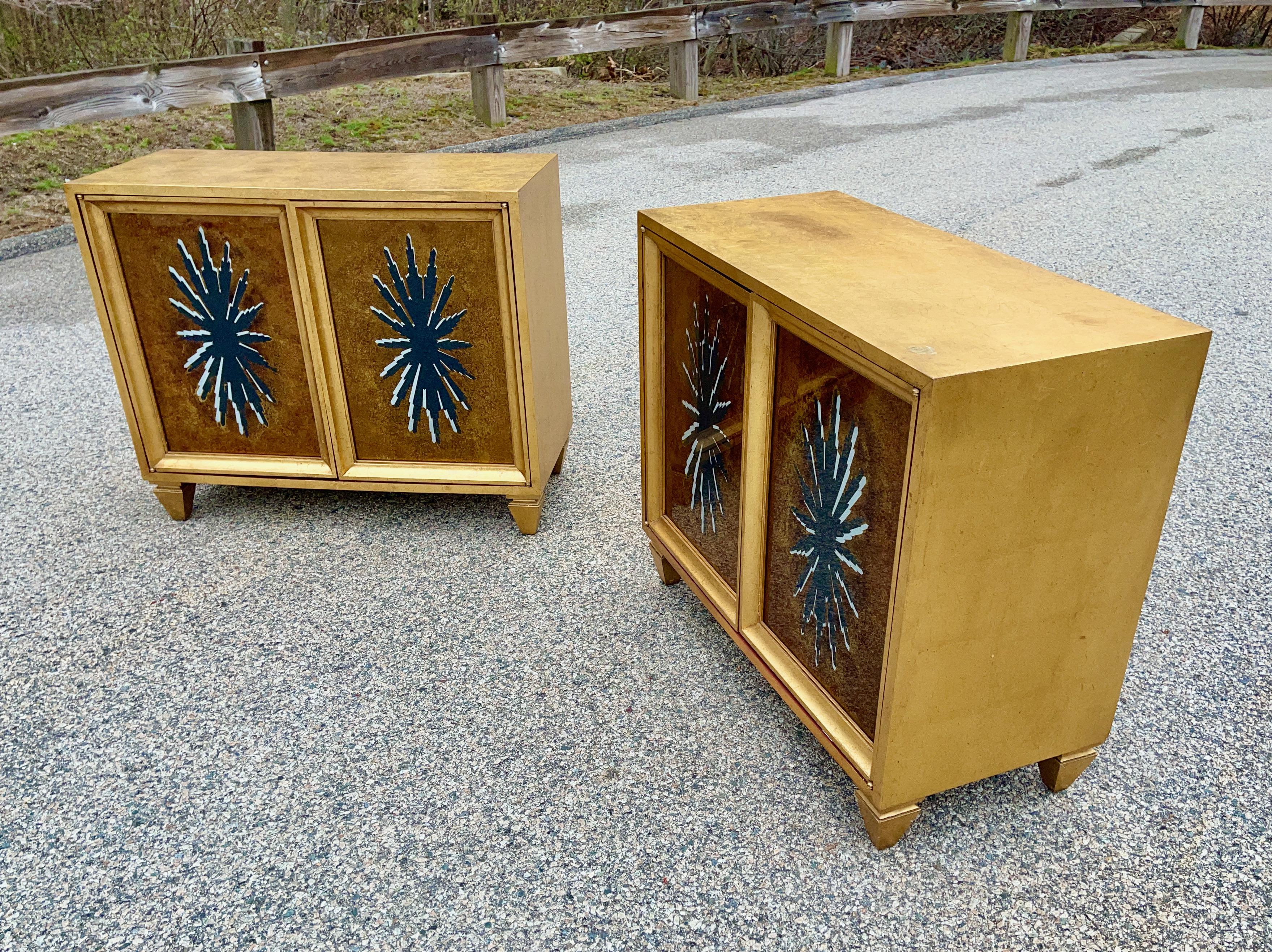 Painted Pair of 1960's Hollywood Regency Duquette Style Gold Leaf & Eglomise Cabinets For Sale