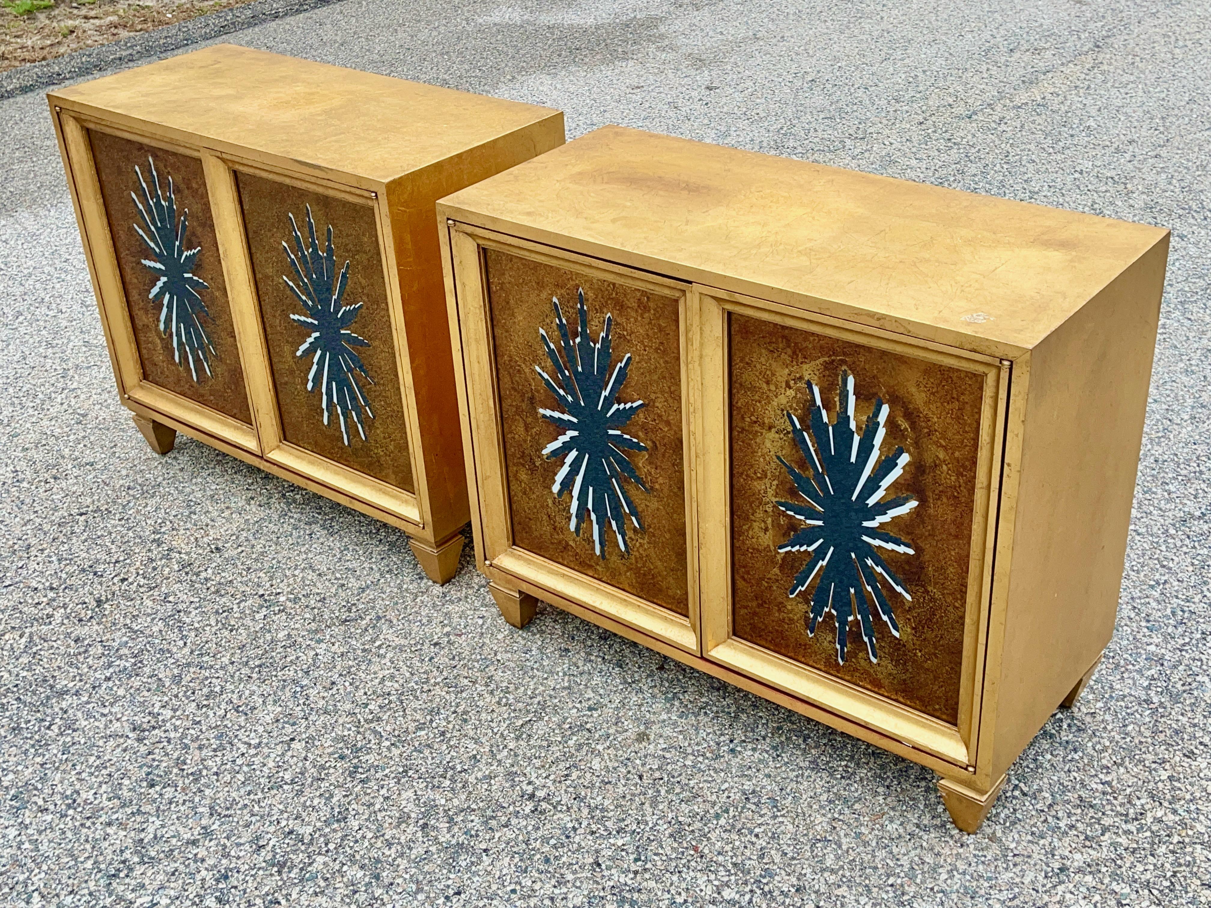 Mid-20th Century Pair of 1960's Hollywood Regency Duquette Style Gold Leaf & Eglomise Cabinets For Sale