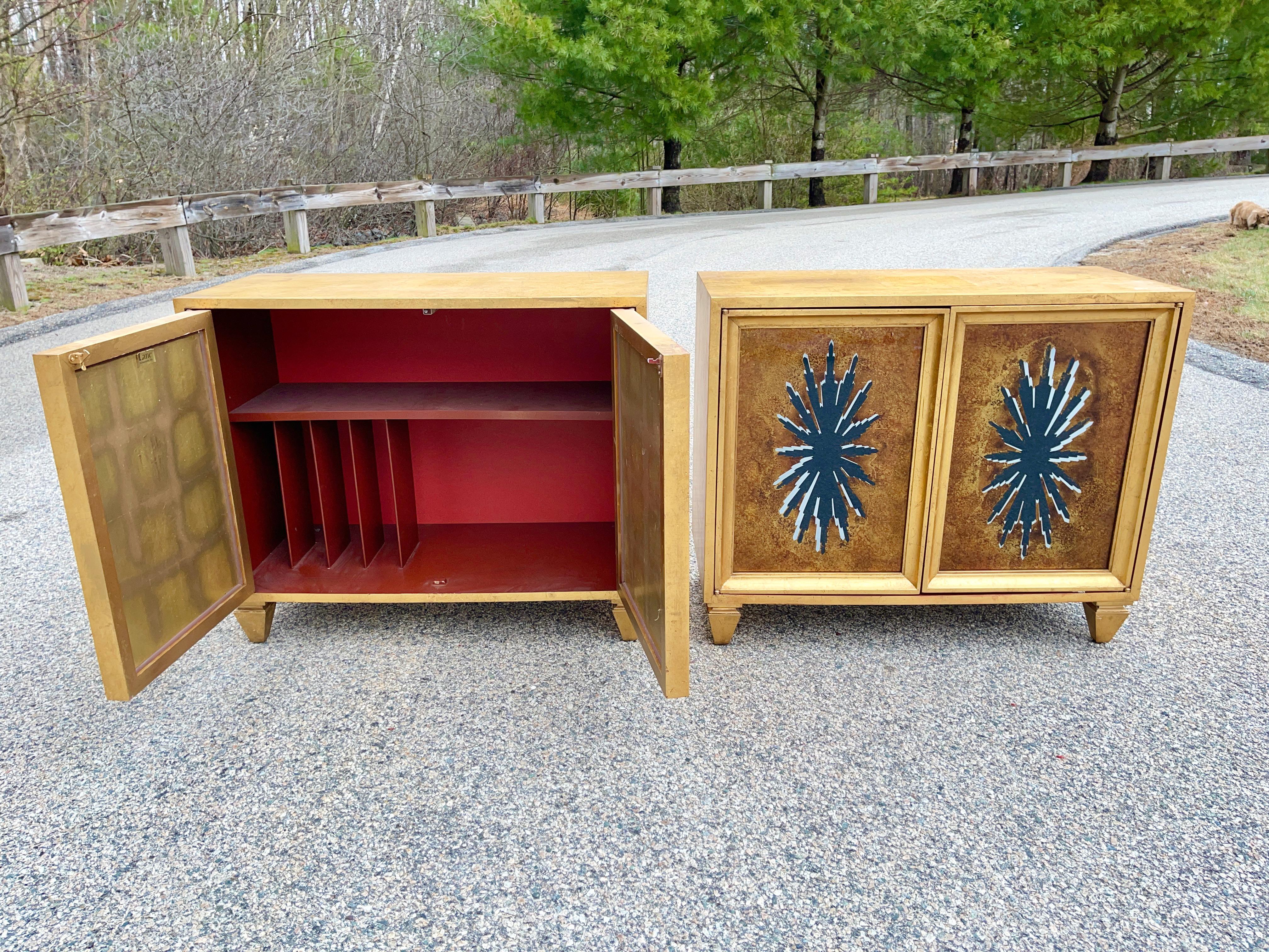 Pair of 1960's Hollywood Regency Duquette Style Gold Leaf & Eglomise Cabinets For Sale 1