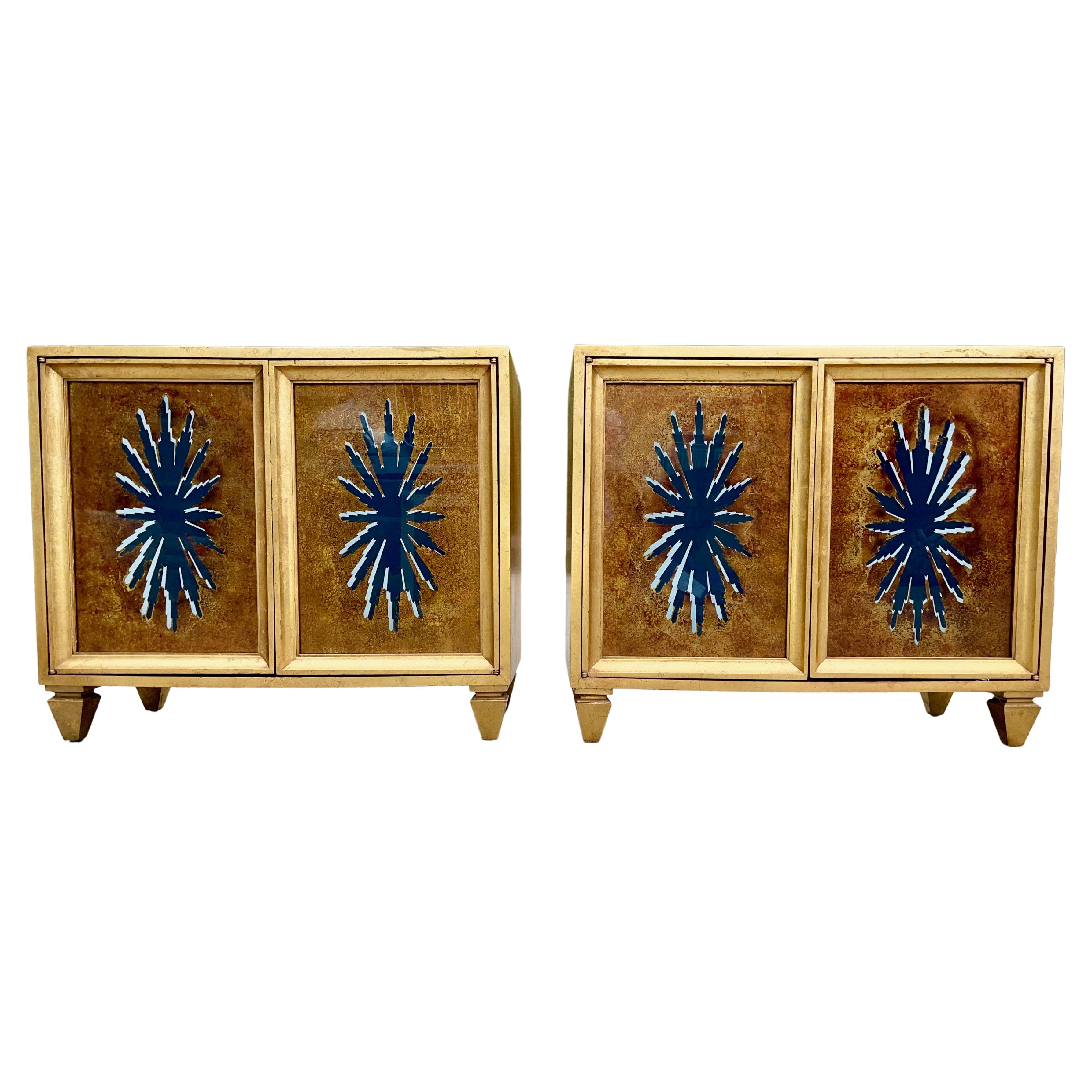 Pair of 1960's Hollywood Regency Duquette Style Gold Leaf & Eglomise Cabinets