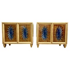 Pair of 1960's Hollywood Regency Duquette Style Gold Leaf & Eglomise Cabinets