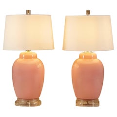 Pair of 1960s Hollywood Regency Rosy Pink Lamps with Lucite Base