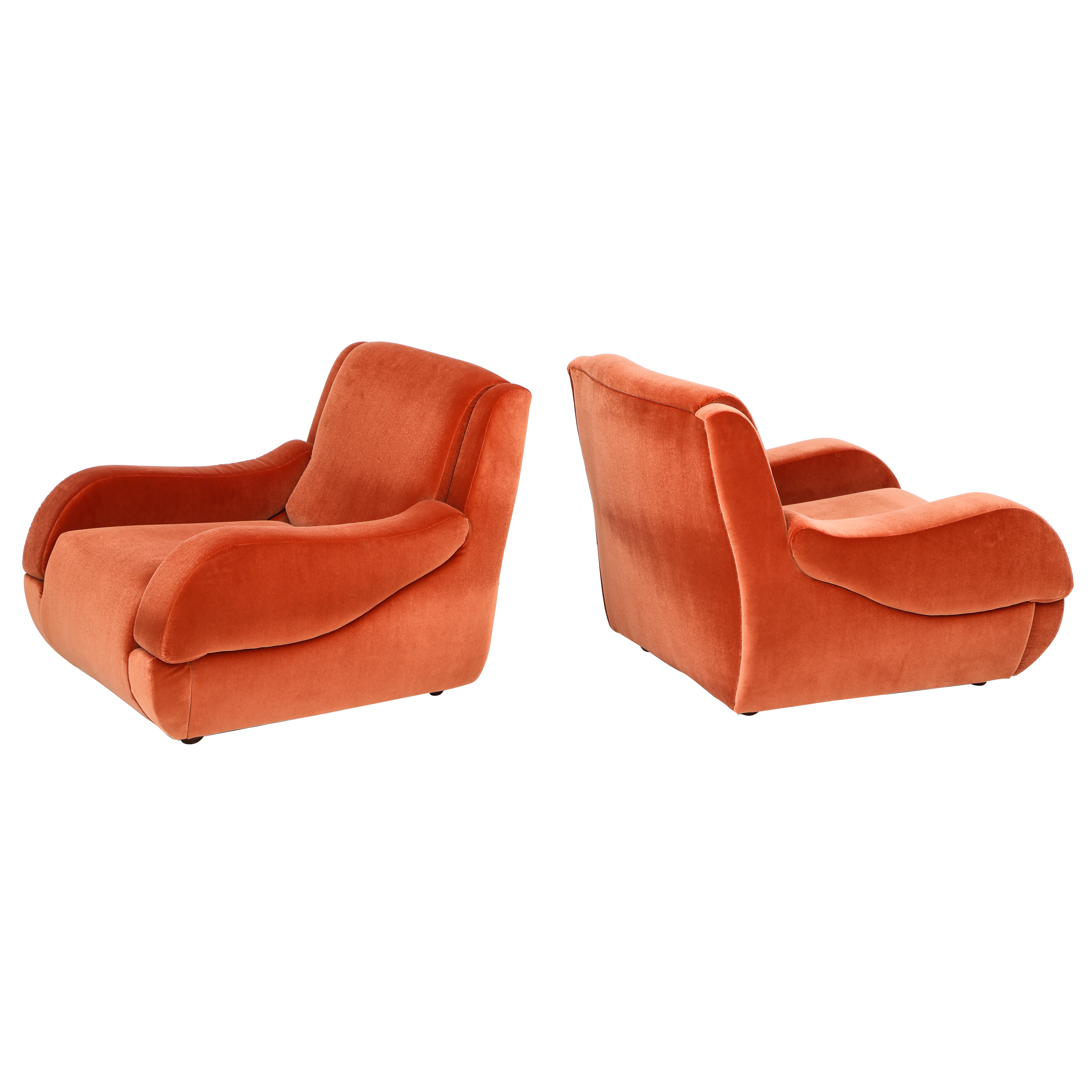Pair of 1960s Ico Parisi Style Sculptural Italian Lounge Chairs in Rust Velvet