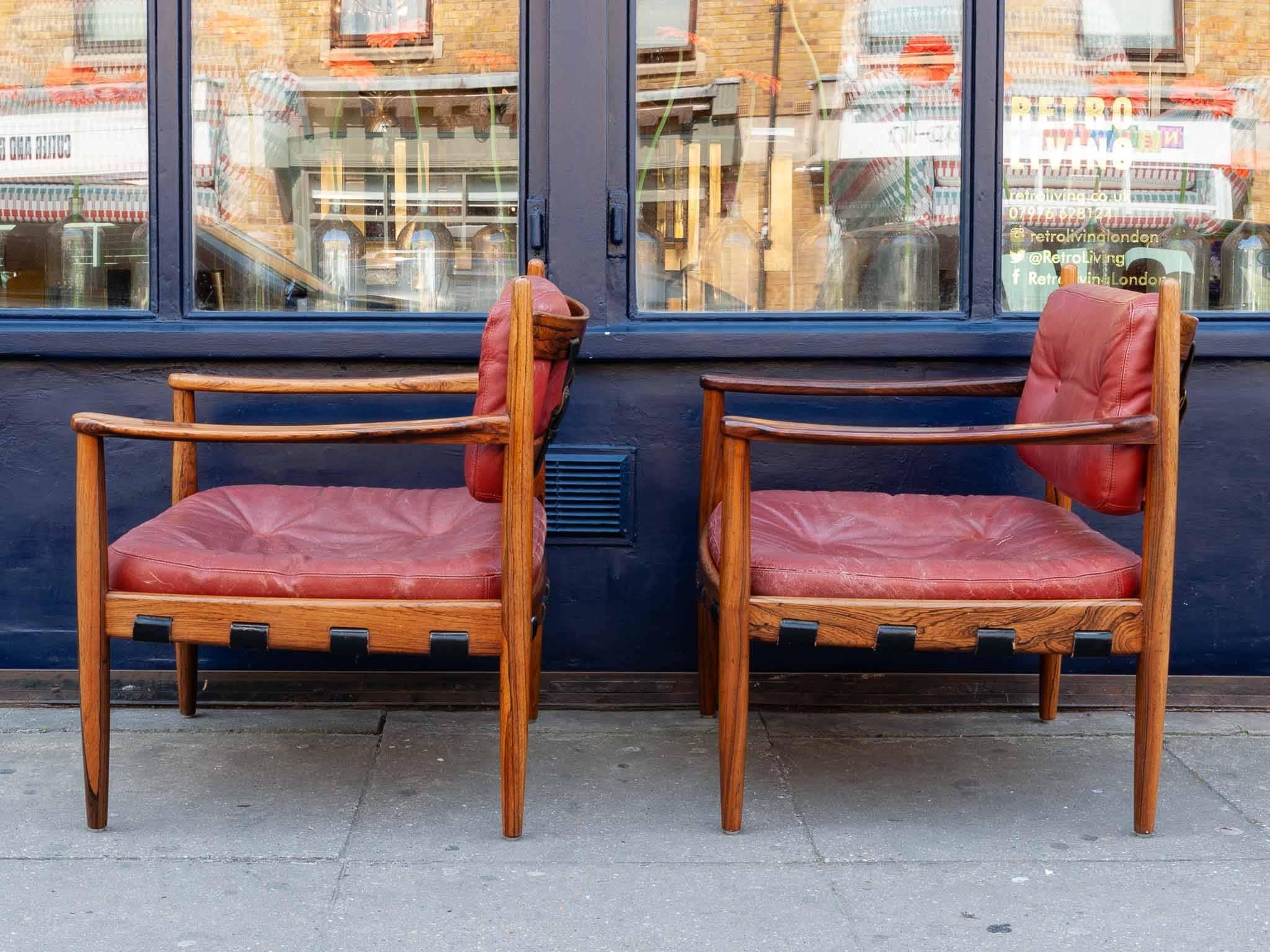 Mid-Century Modern Pair of 1960s Ire Mobler Skillingaryd Leather and Rosewood Upholstered Swedish