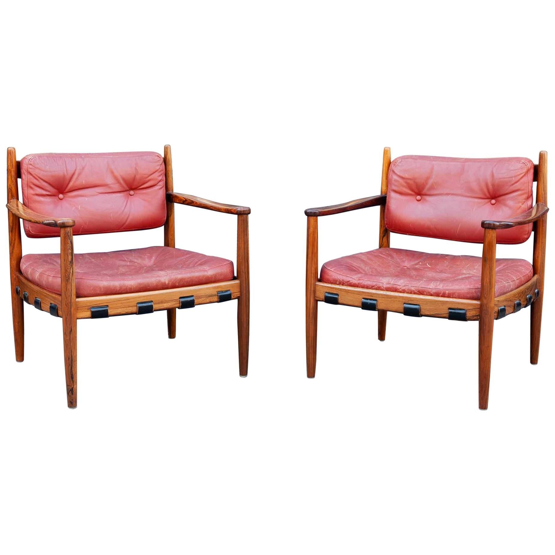 Pair of 1960s Ire Mobler Skillingaryd Leather and Rosewood Upholstered Swedish