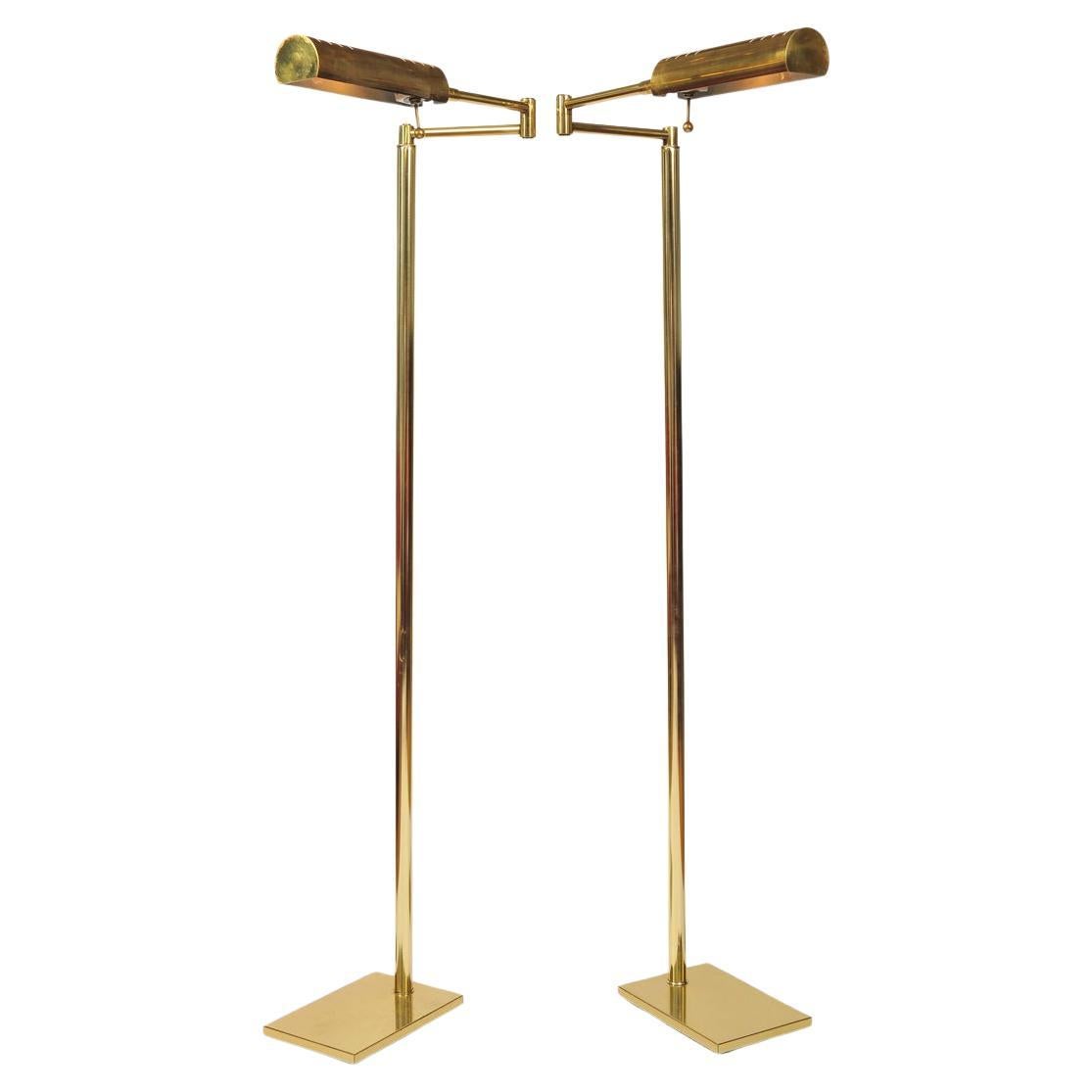 Pair of 1960s Italain brass swing arm reading lamps with rectangular base For Sale