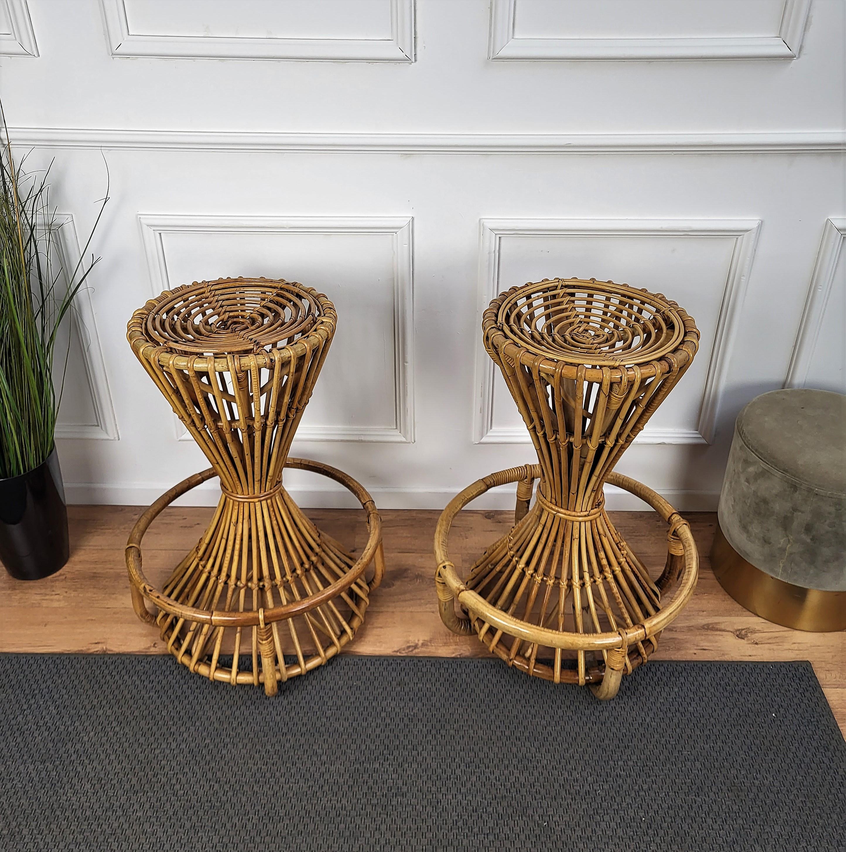 Beautiful 1960s Italian Mid-Century Modern Vintage Rattan barstools made of rattan or wicker have a very sculptural form. The rattan in various brown shades works very well with all colors in your decor. Could be used as a barstool or place it in a