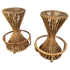 Pair of 1960s Italian Bamboo Bohemian French Riviera Round Bar Stools Chairs