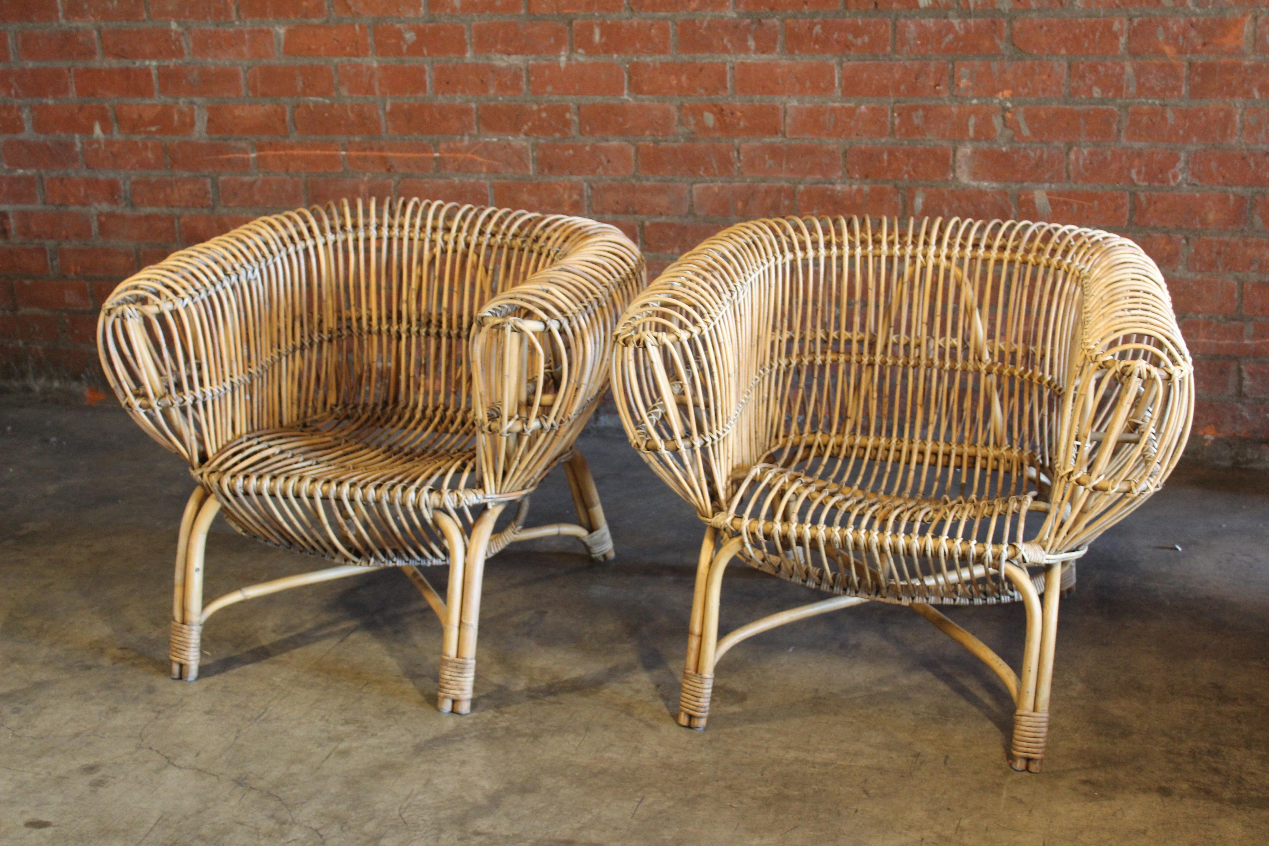 Mid-Century Modern Pair of 1960s Italian Bamboo Chairs Attributed to Franco Albini