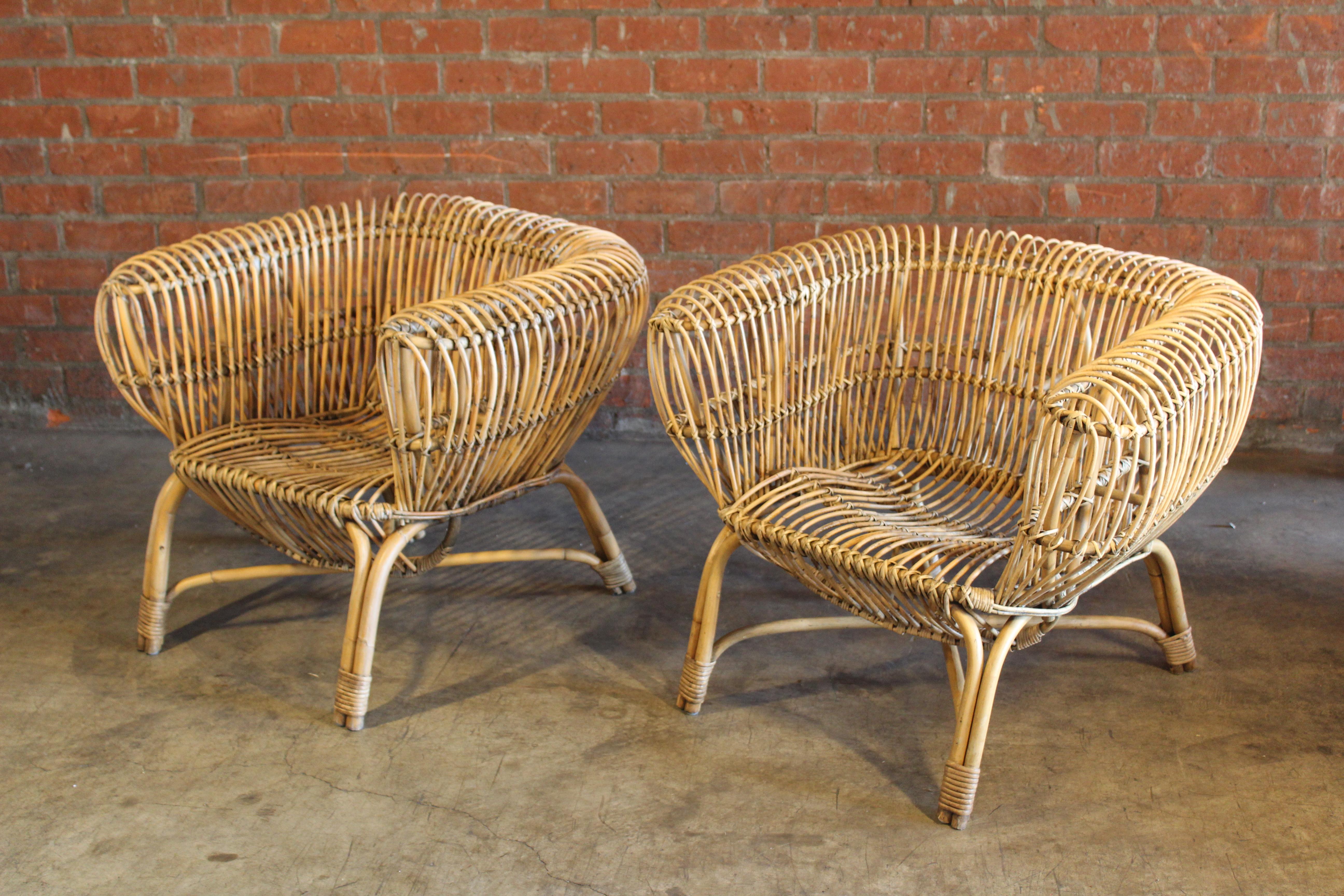 Pair of 1960s Italian Bamboo Chairs Attributed to Franco Albini In Good Condition In Los Angeles, CA