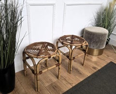 Pair of 1960s Italian Bamboo Rattan Bohemian French Riviera Designer Stool