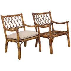 Vintage Pair of 1960s Italian Bamboo Rattan Bohemian French Riviera Lounge Armchair