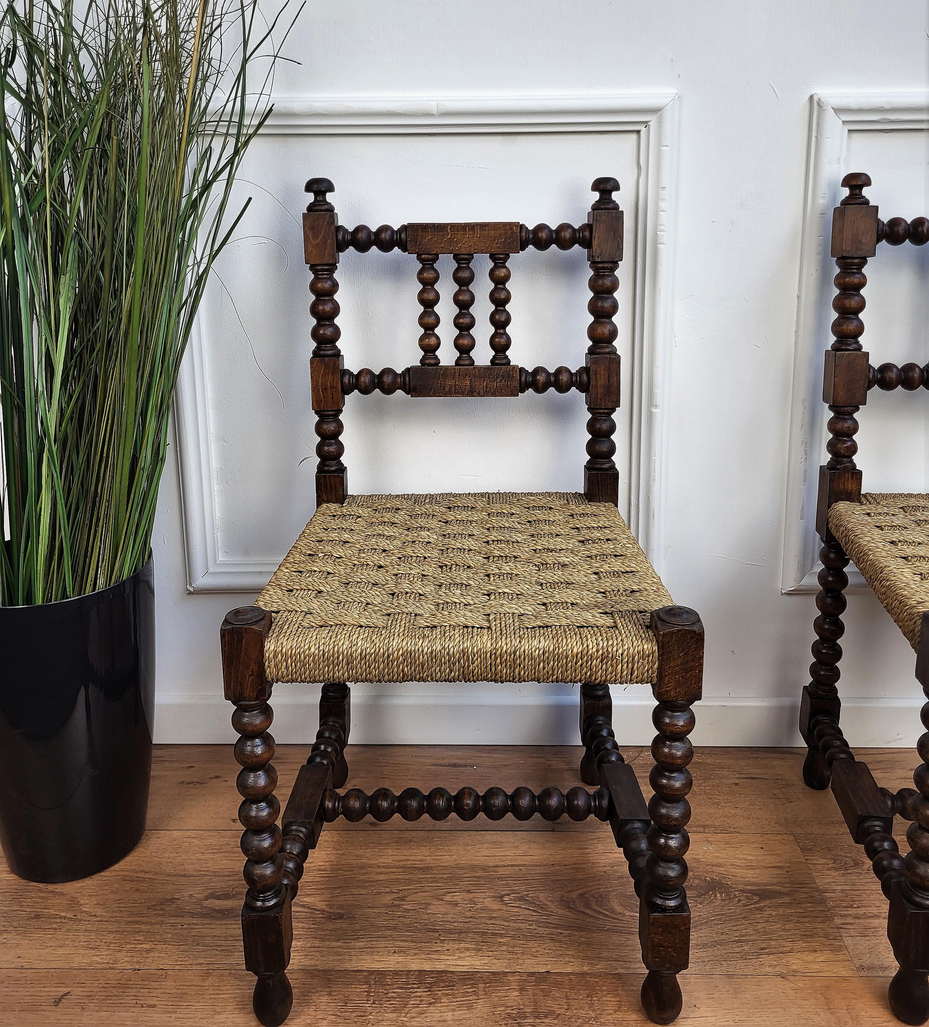 Mid-Century Modern Pair of 1960s Italian Bobbin Stick and Stone Cord Woven Rope Chairs Stools