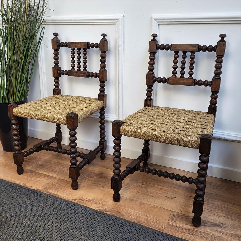 Pair of 1960s Italian Bobbin Stick and Stone Cord Woven Rope Chairs