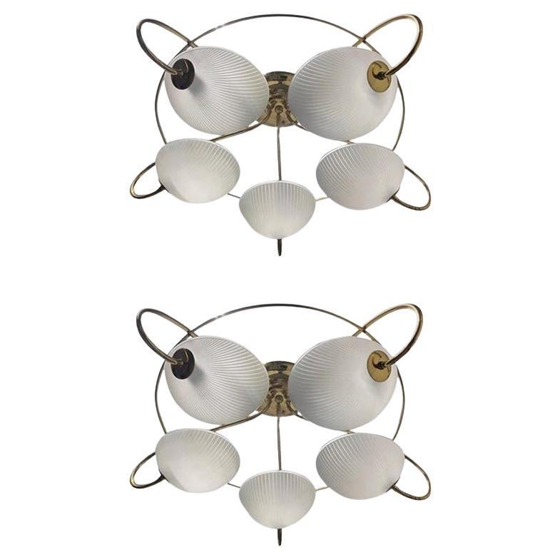 Pair of 1960s Italian Brass and Glass Light Fixture / Chandelier For Sale