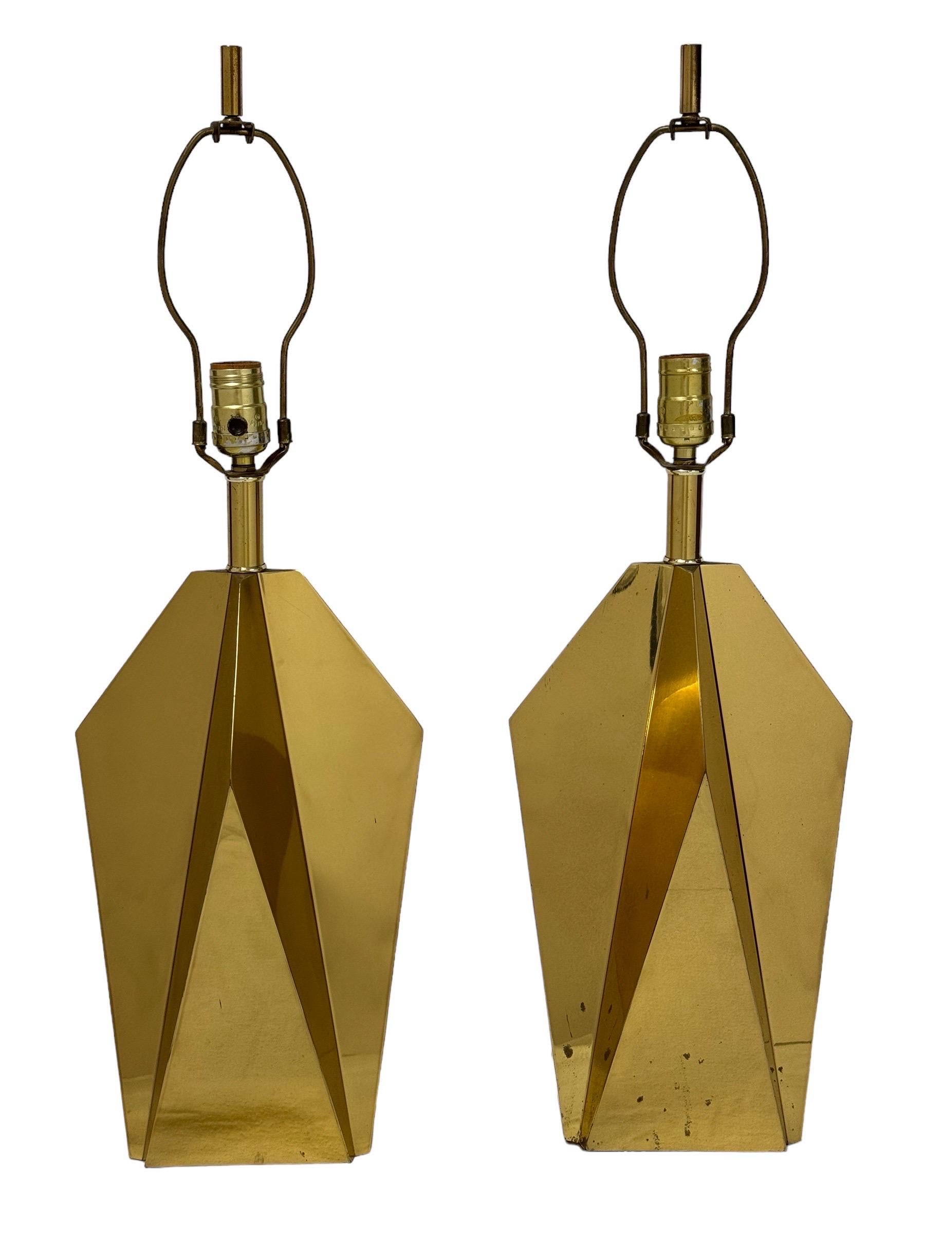 Pair of 1960’s Italian Brass Lamps. Perfect designer lamps to make a statement. Geometric design. 