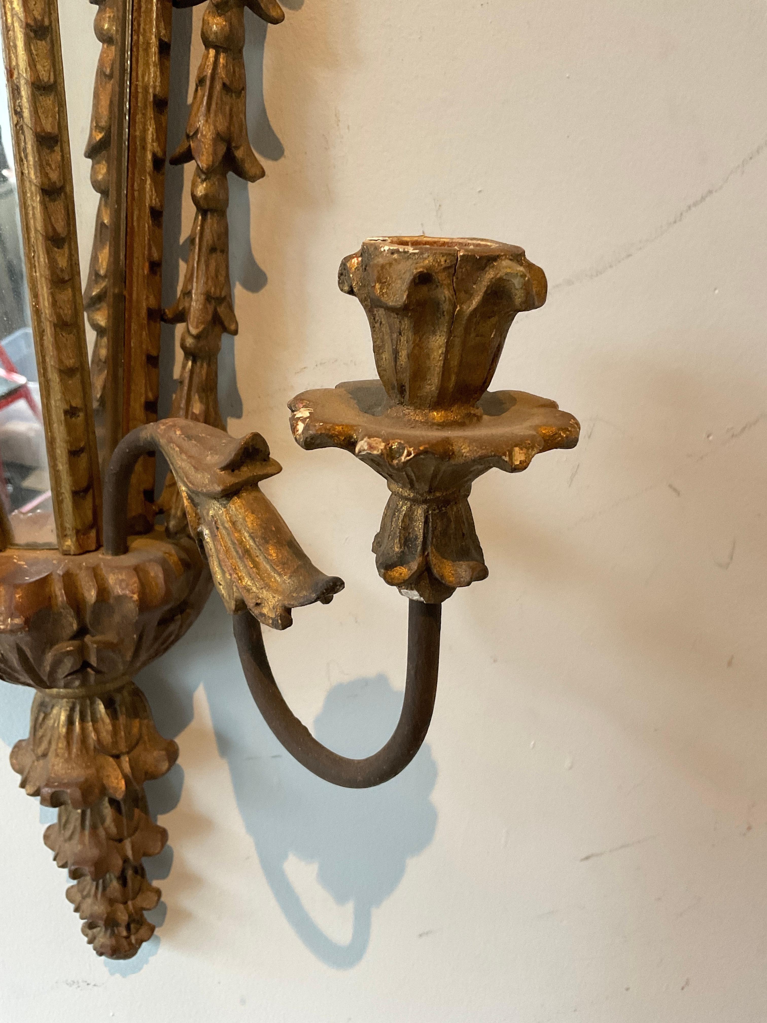 Pair of 1960s Italian Carved Wood Mirrored Sconces For Sale 2